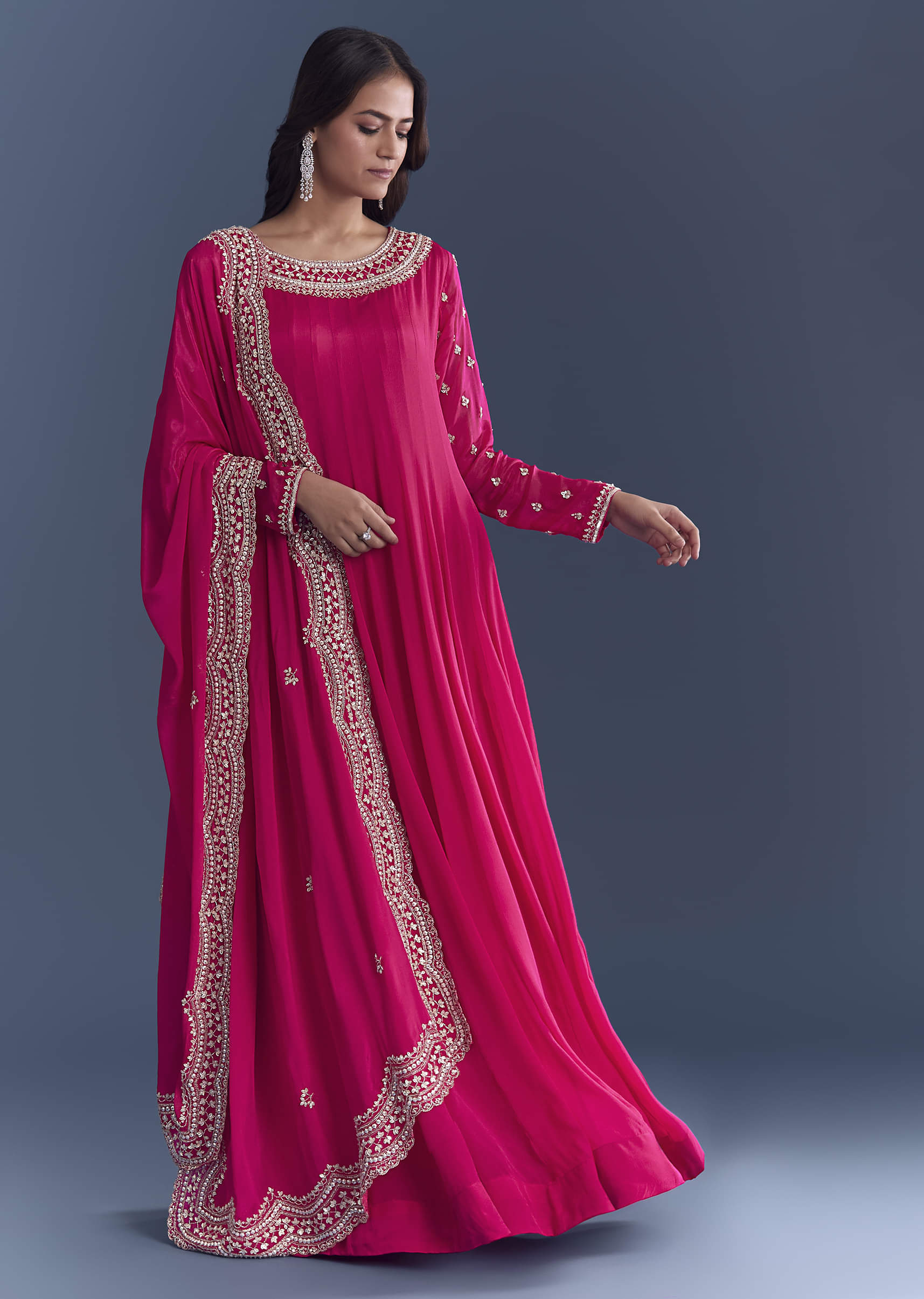 Pink Chinon Anarkali Suit With Cutdana And Sequins Embroidery - Image 3