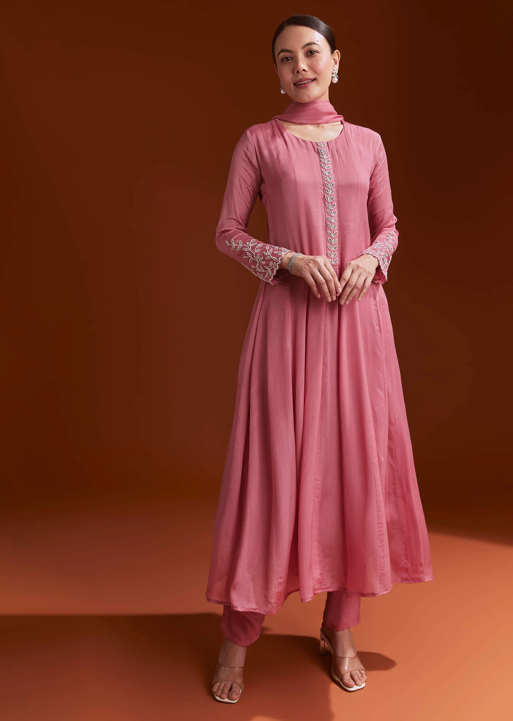Pink Chinon Anarkali Suit With Moti And Stone Work - Image 2
