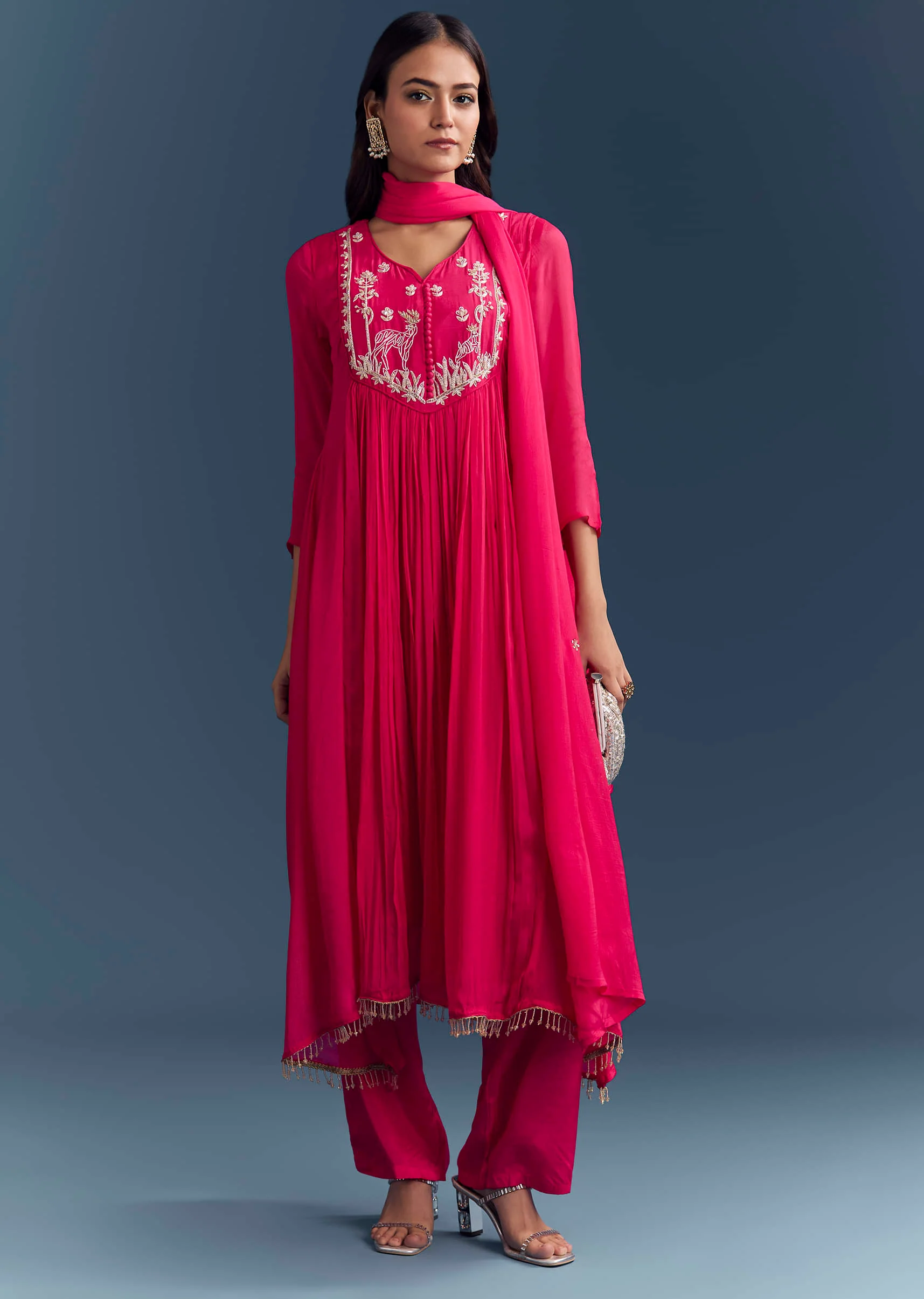 Pink Chinon Anarkali Suit With Sequins And Resham Embroidery