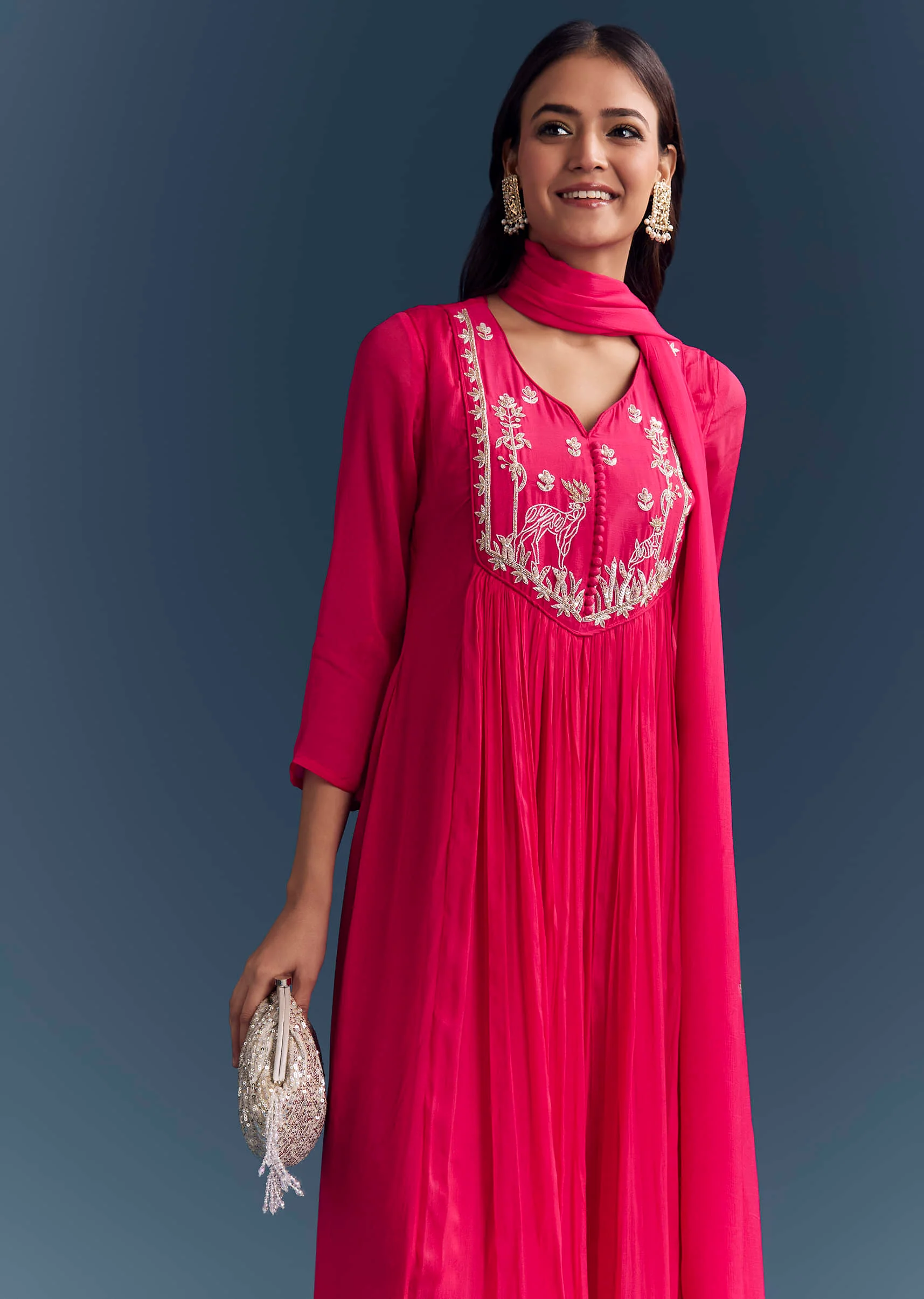 Pink Chinon Anarkali Suit With Sequins And Resham Embroidery - Image 4