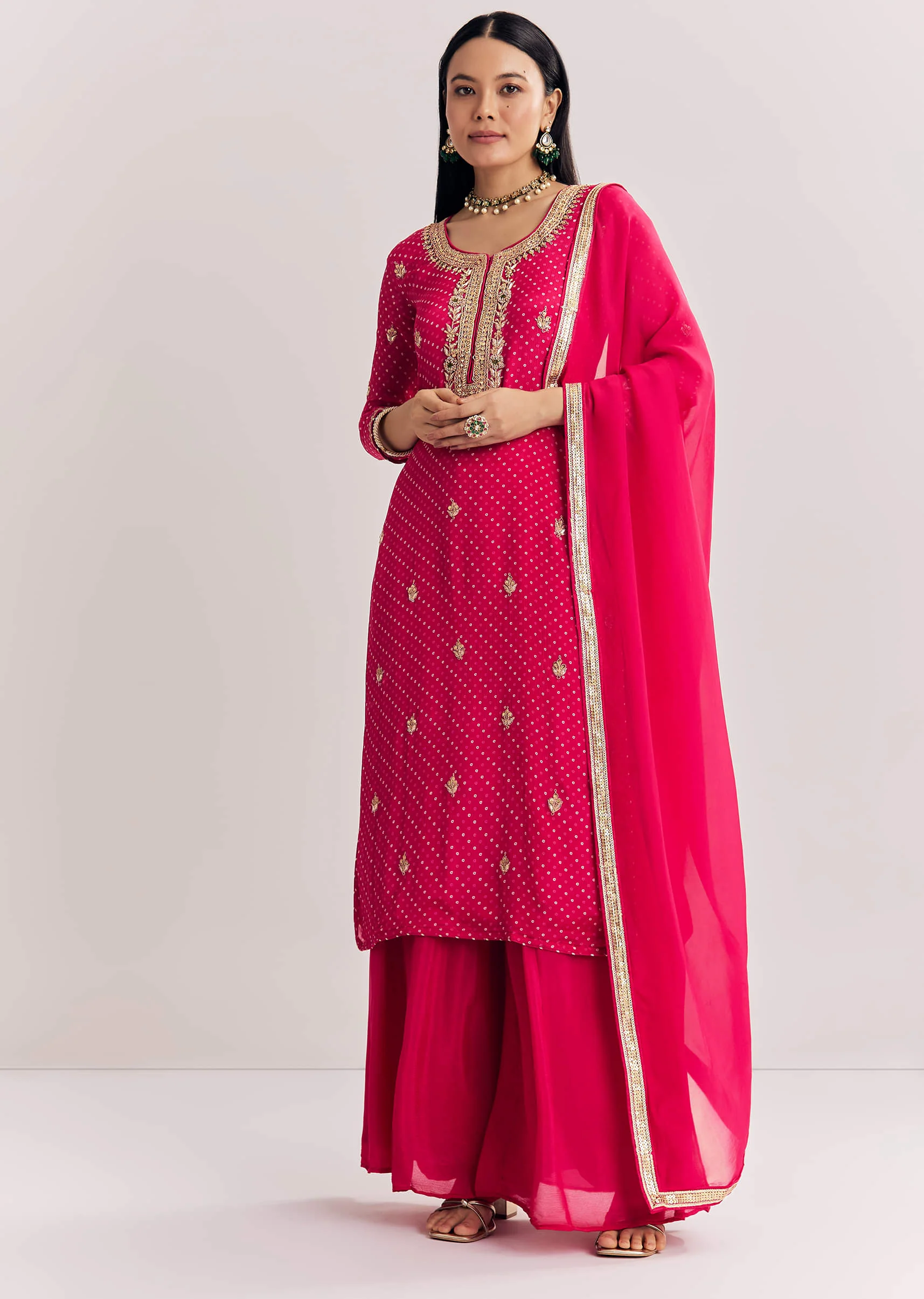 Pink Chinon Bandhani Palazzo Suit - Image 3