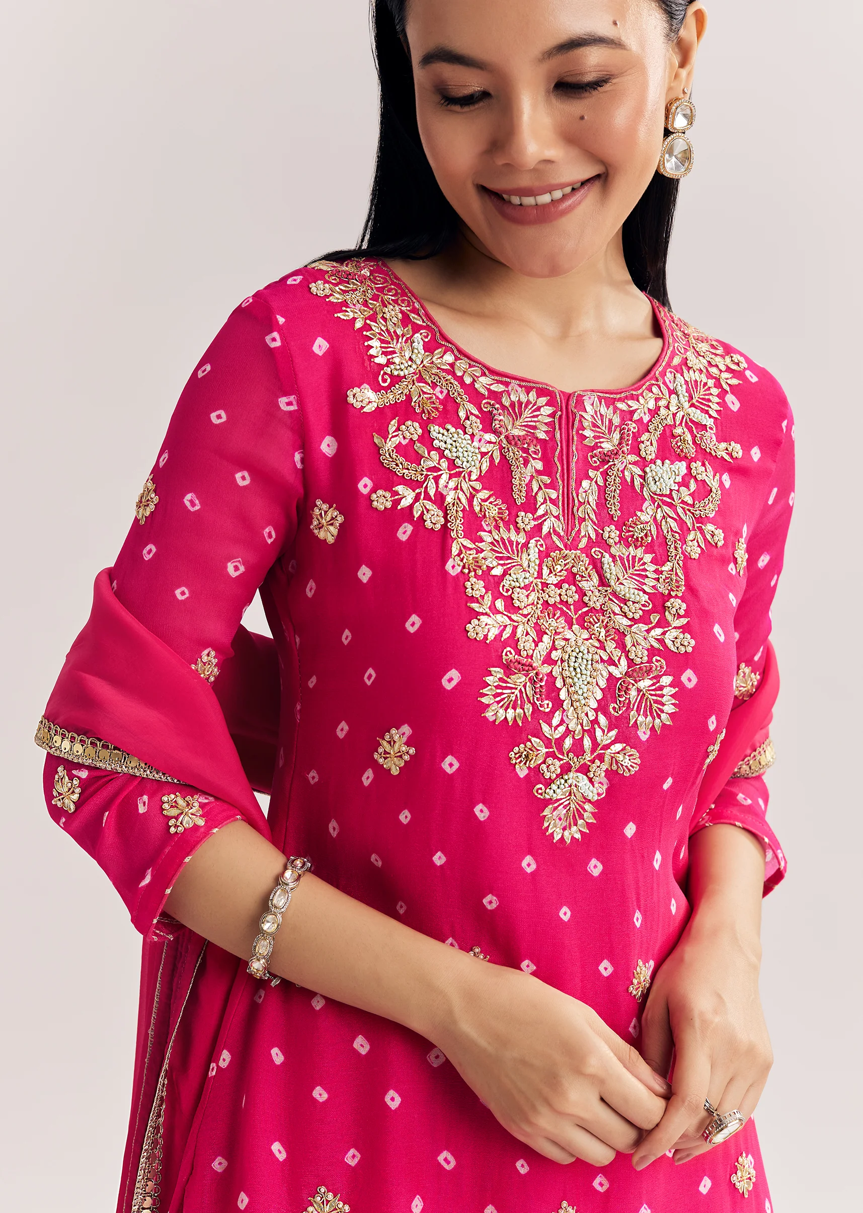 Pink Chinon Asymmetrical Kurta Sharara Suit With Embroidery - Image 2