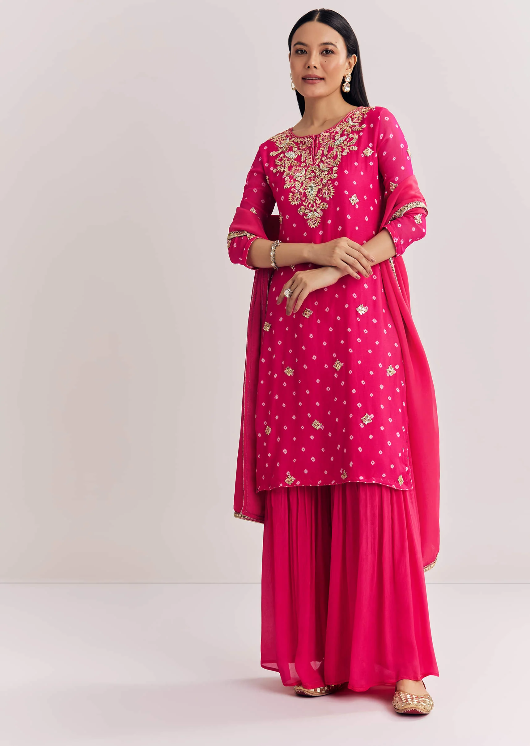 Pink Chinon Asymmetrical Kurta Sharara Suit With Embroidery - Image 3