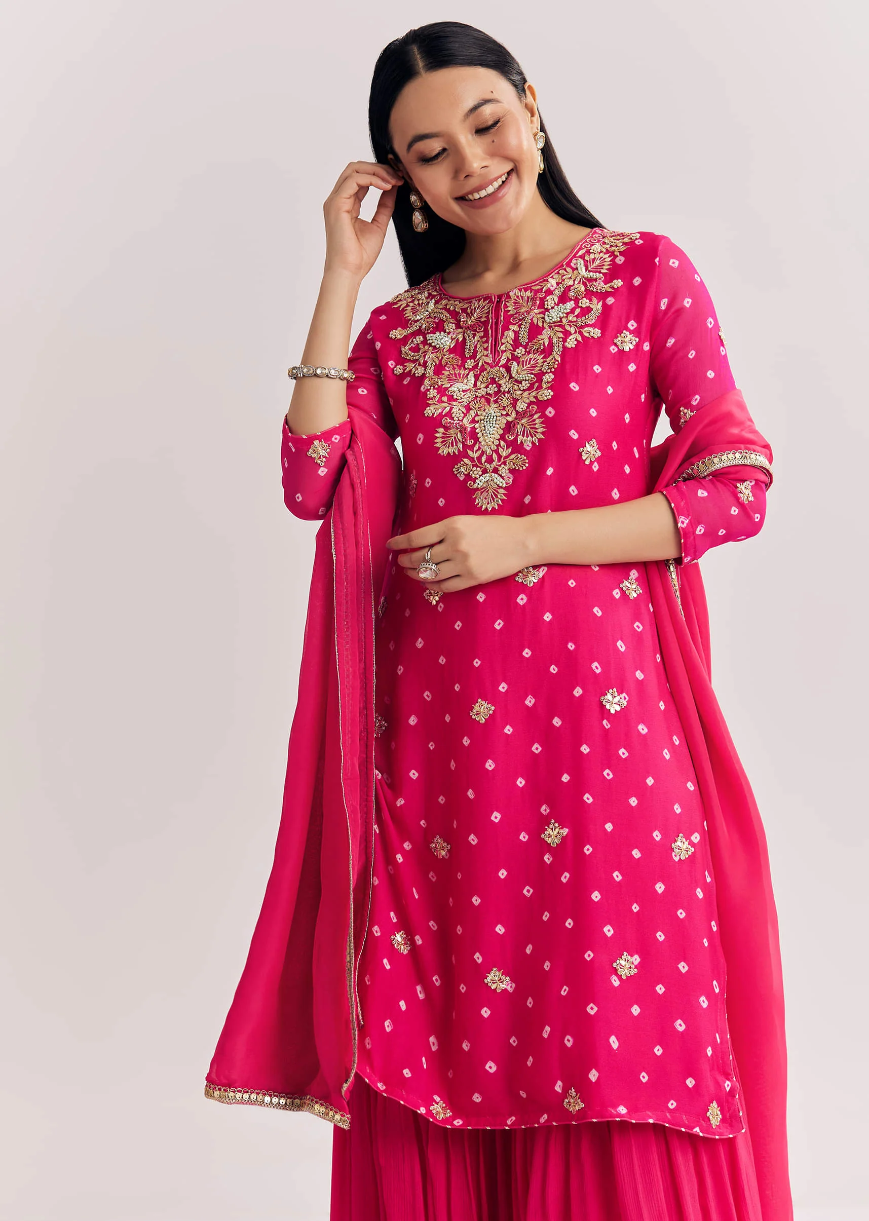 Pink Chinon Asymmetrical Kurta Sharara Suit With Embroidery - Image 4
