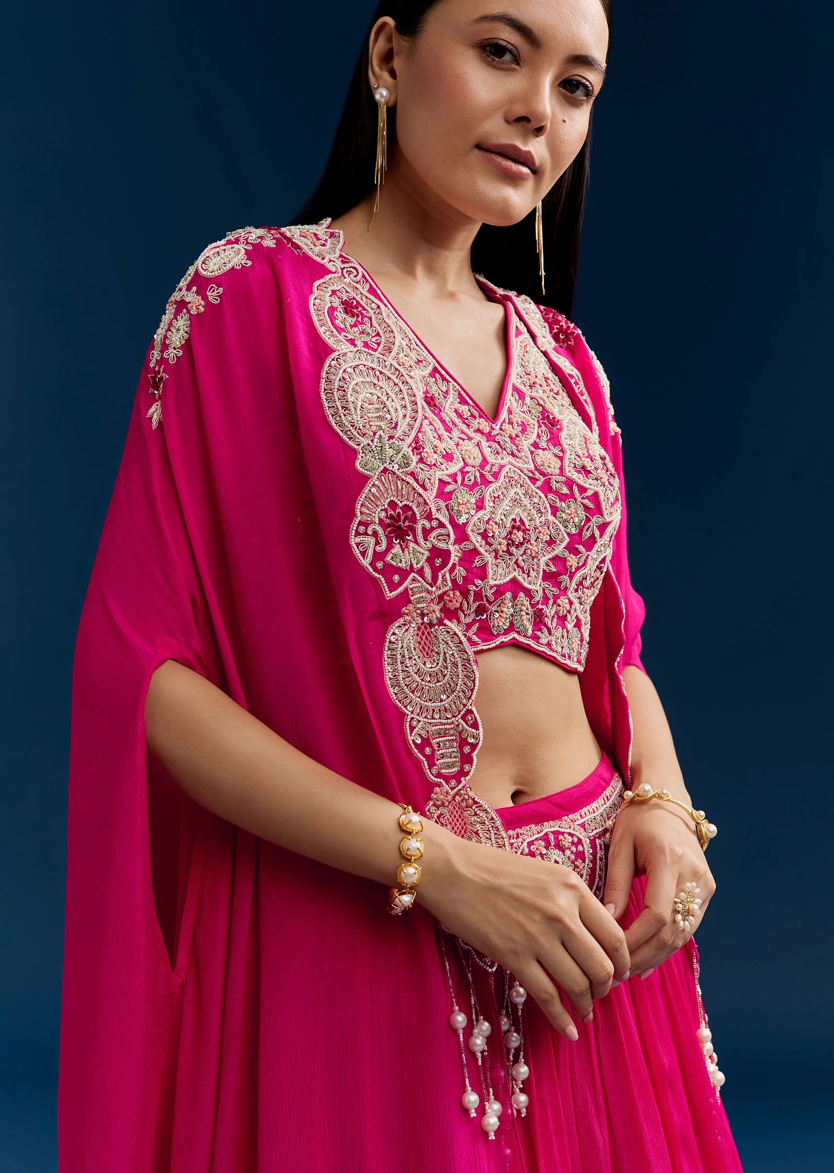 Pink Chinon Crop Top Cape Set With Embroidery - Image 2