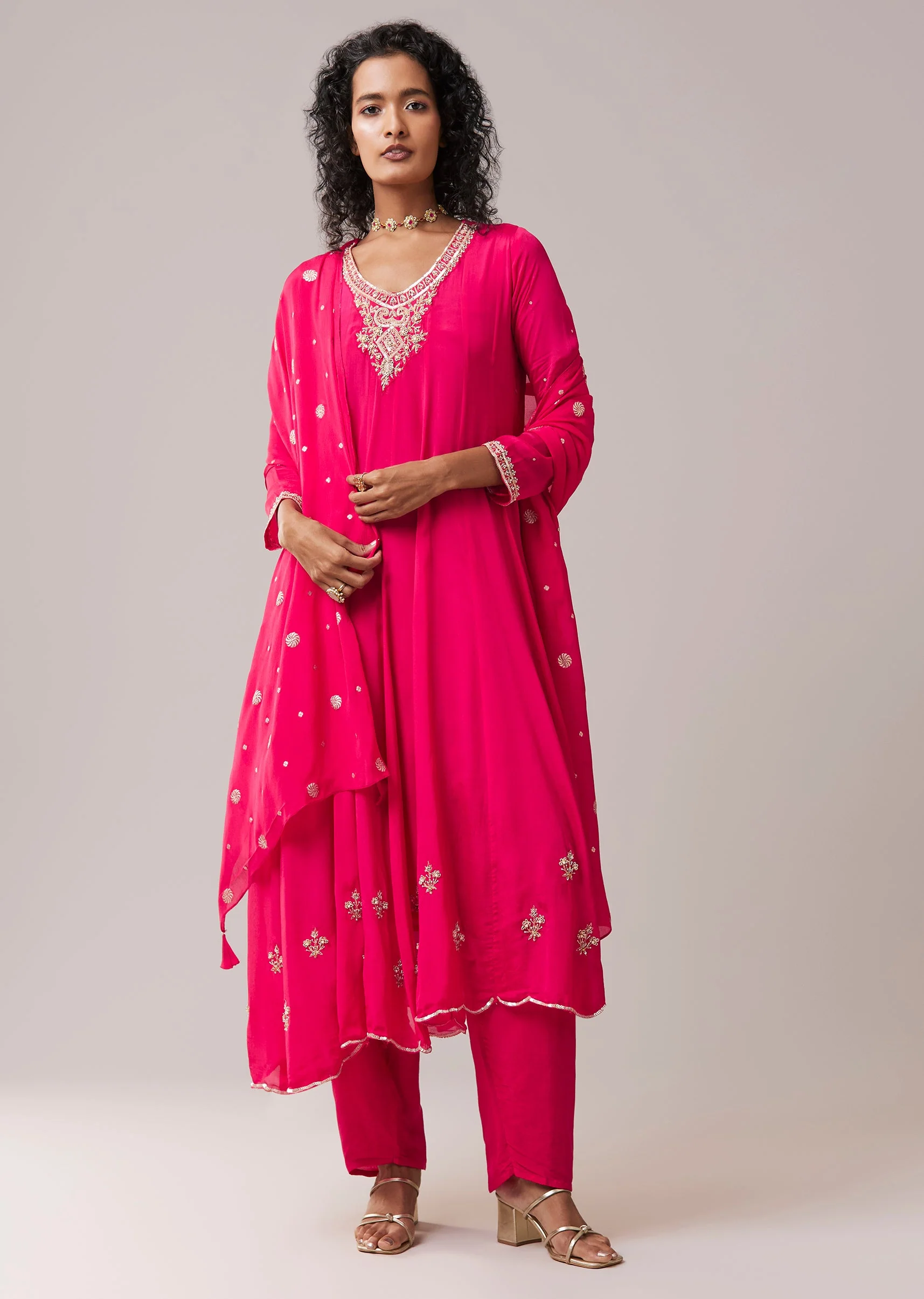 Pink Chinon Embroidered Anarkali Set - Image 3