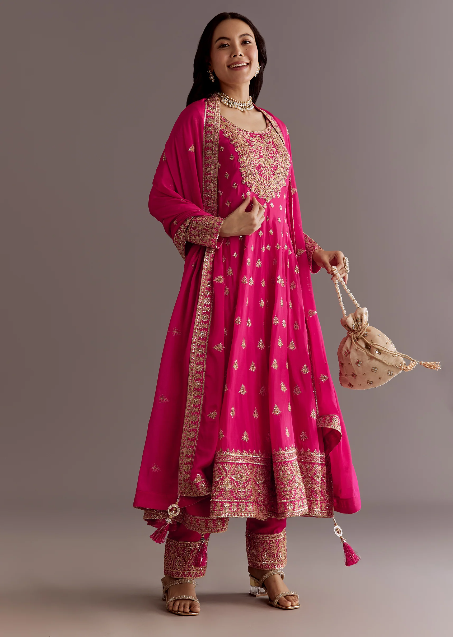Pink Chinon Hand Embroidered Anarkali Suit With Dupatta - Image 4