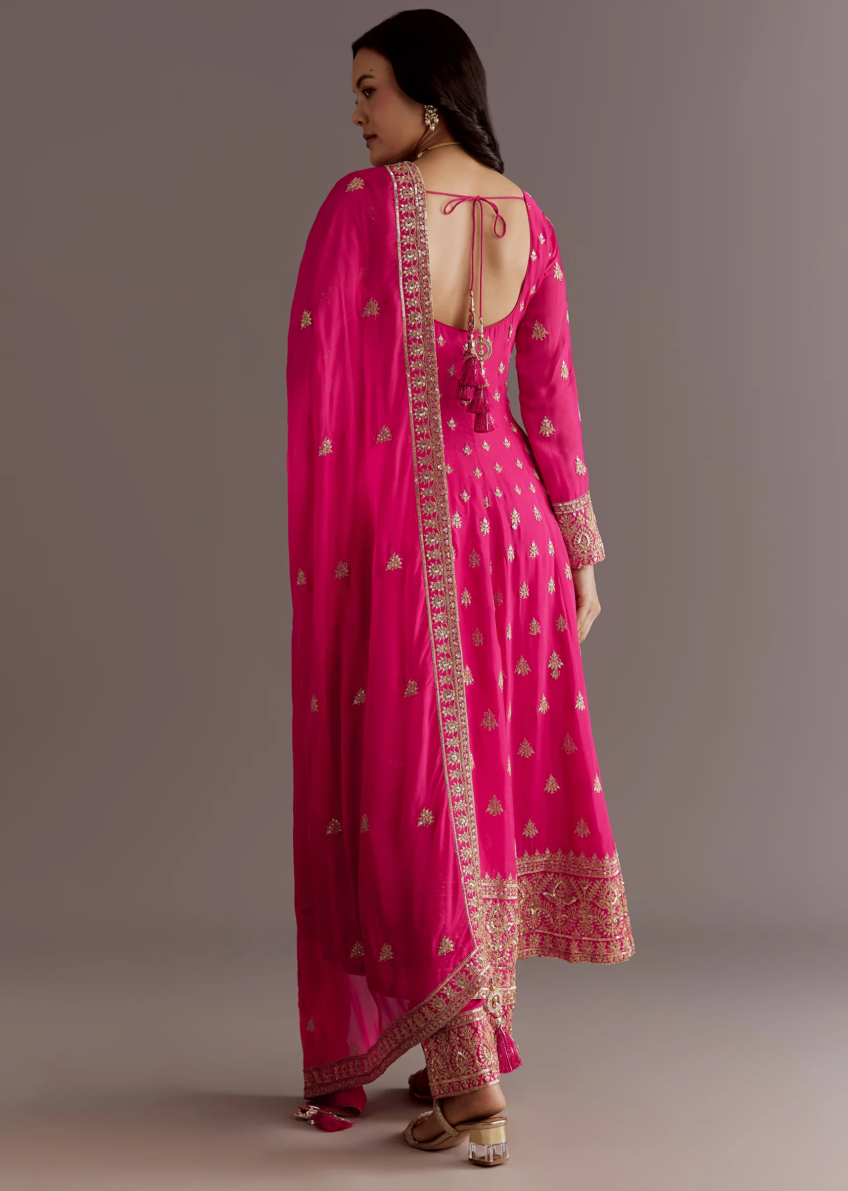 Pink Chinon Hand Embroidered Anarkali Suit With Dupatta - Image 5