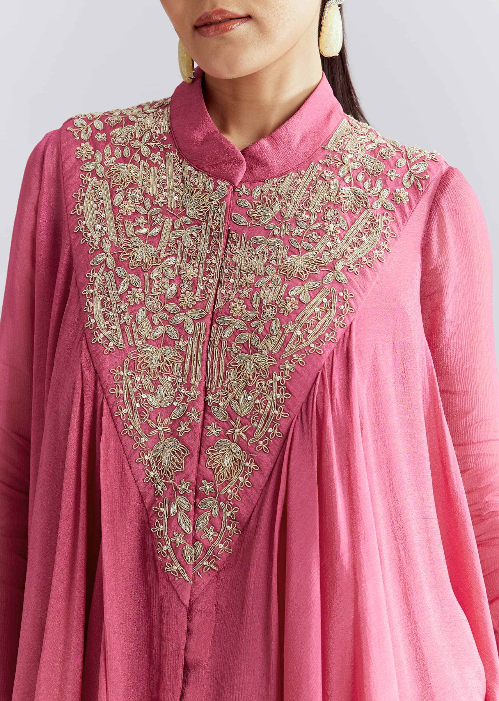 Pink Chinon Indo Western Set With Zardosi Work - Image 2