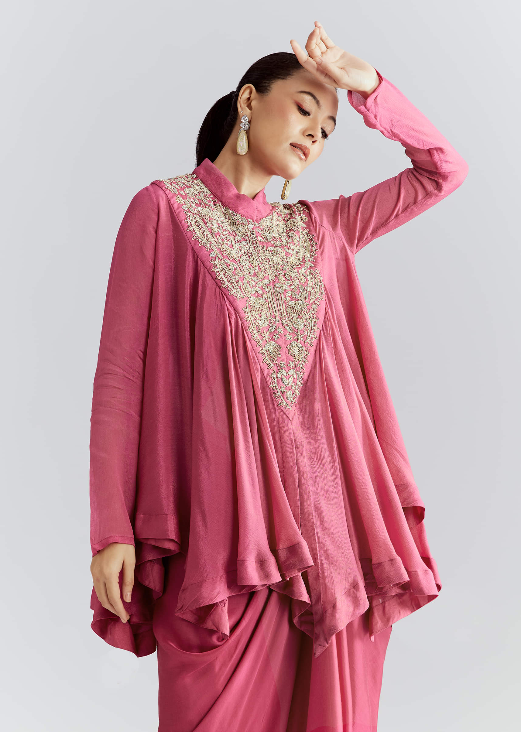 Pink Chinon Indo Western Set With Zardosi Work - Image 4