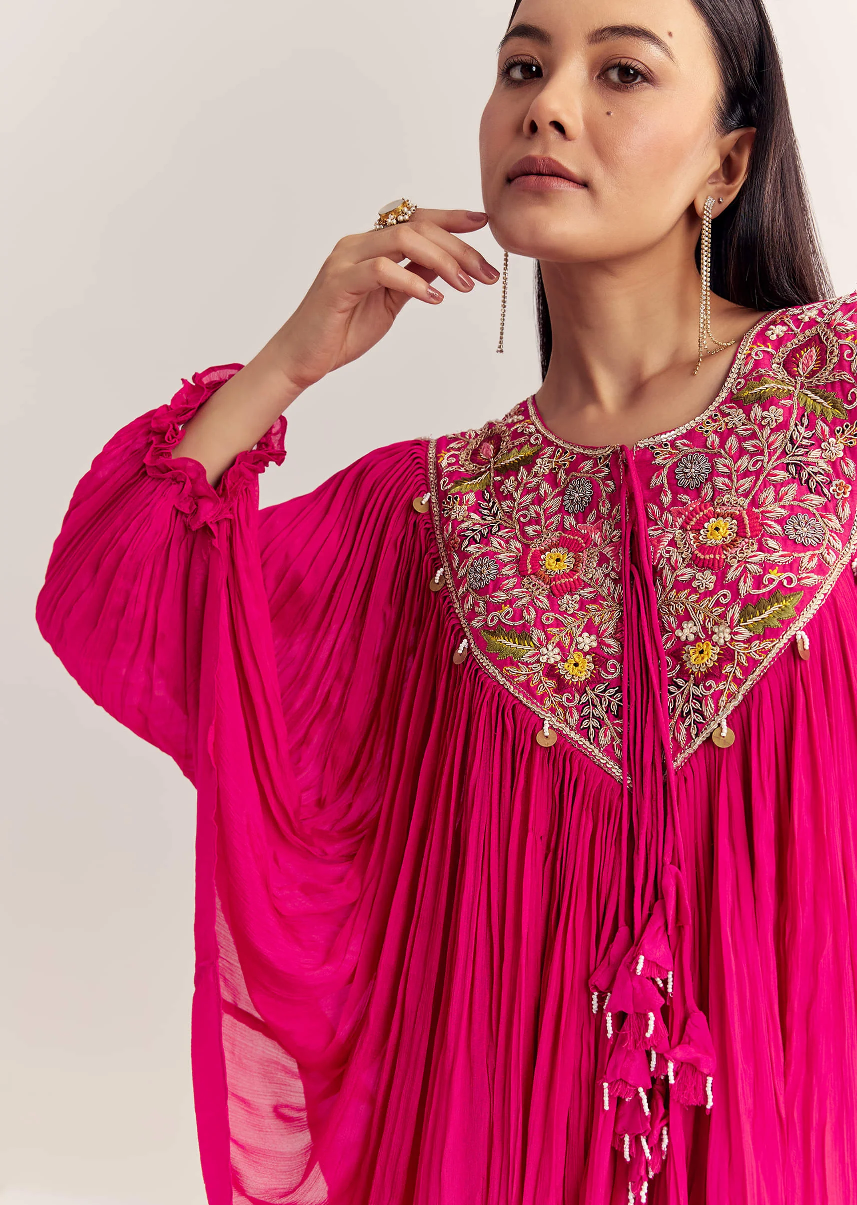 Pink Chinon Kaftan Kurta Set With Zardosi And Thread Work - Image 2