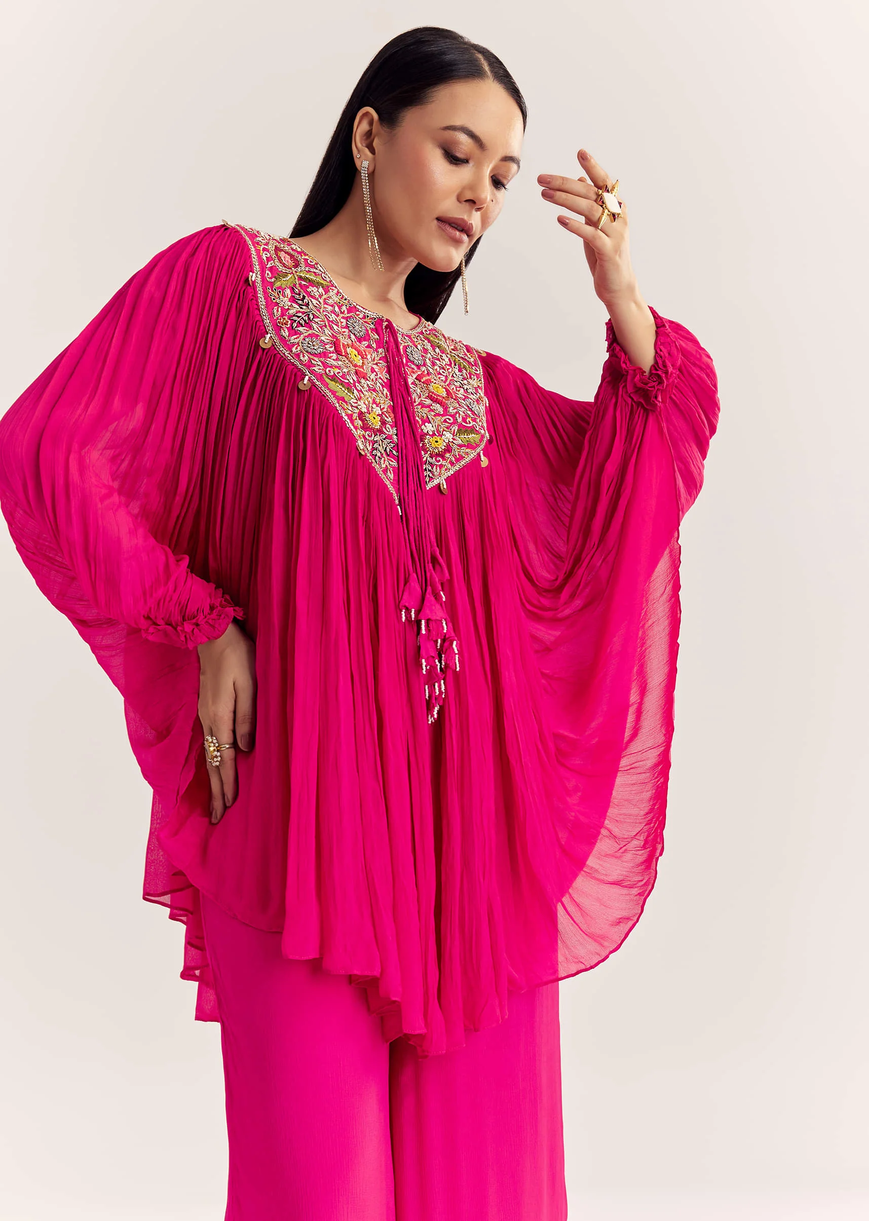Pink Chinon Kaftan Kurta Set With Zardosi And Thread Work - Image 4