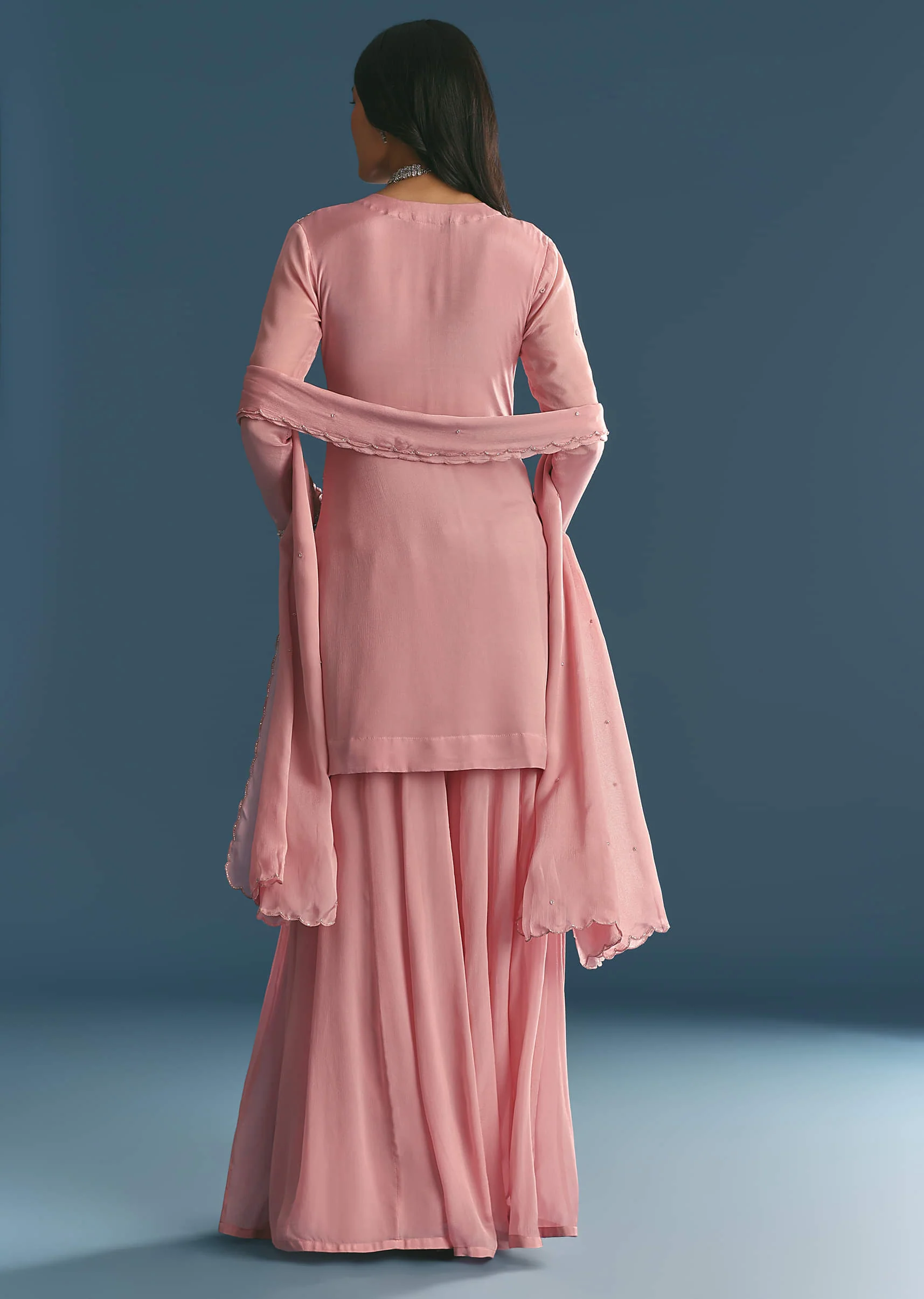 Pink Chinon Kurta Palazzo Suit With Cutdana And Sequins - Image 5