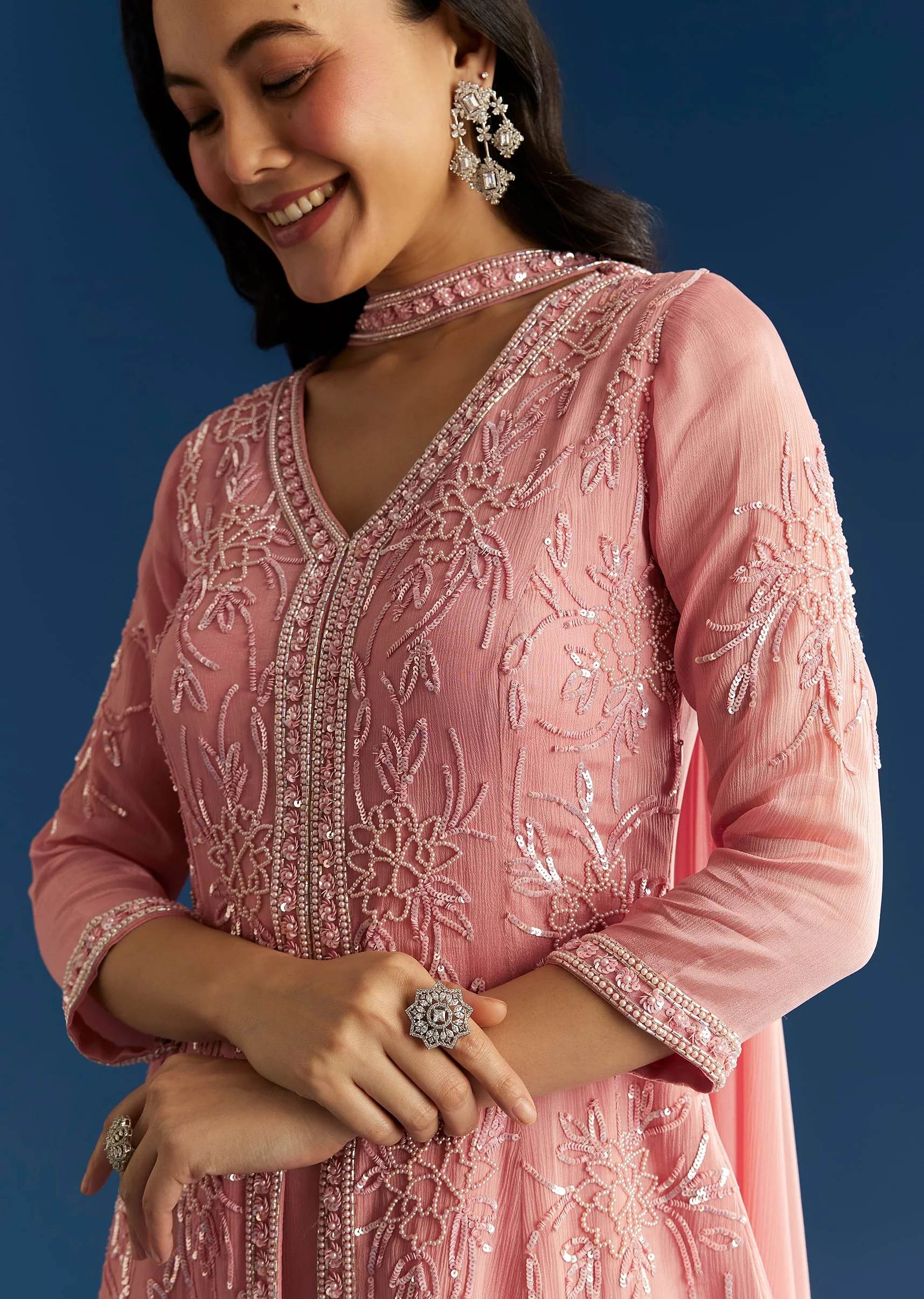 Pink Chinon Kurta Set With Choker Style Dupatta - Image 2