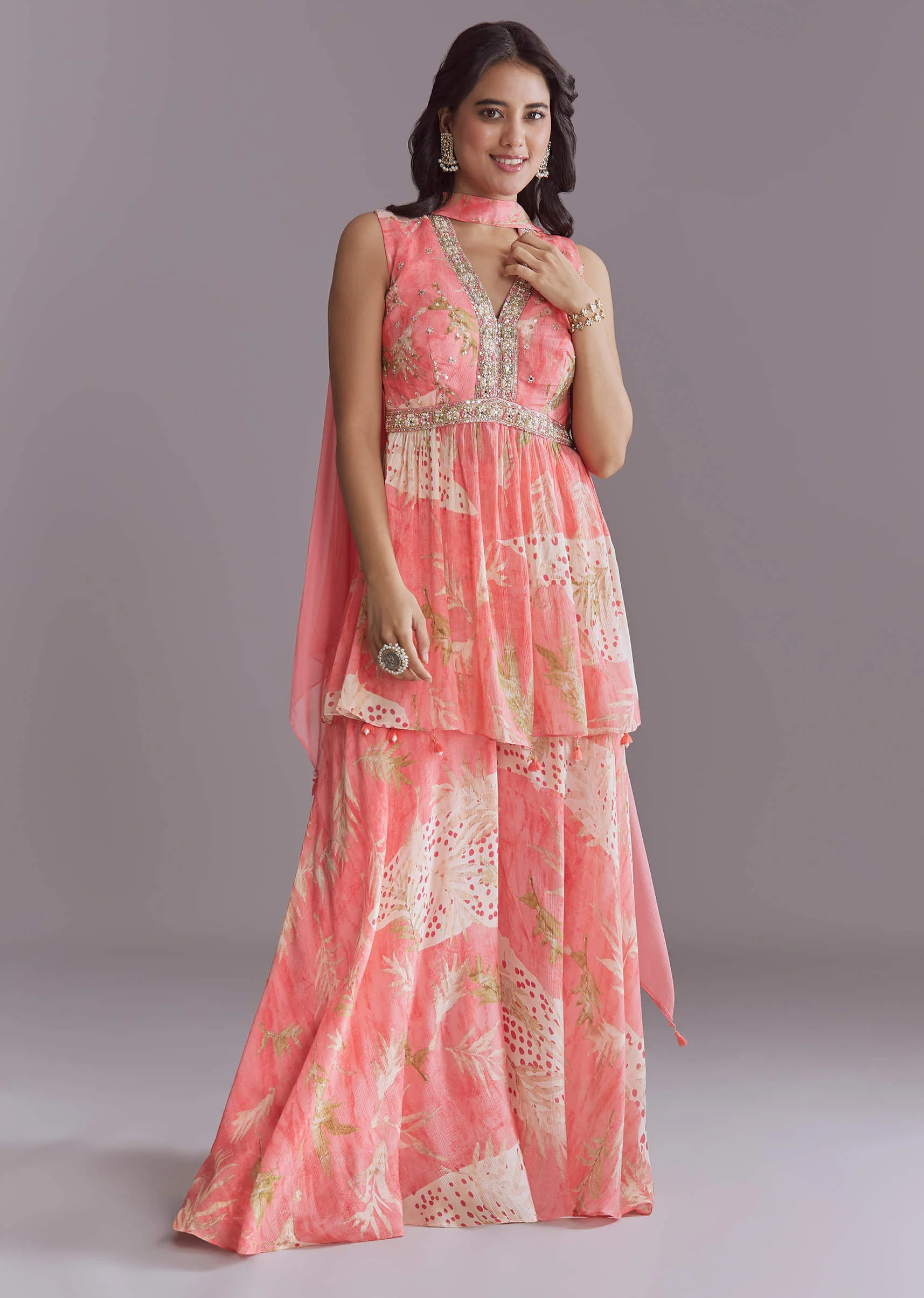 Pink Chinon Palazzo Suit With Printed Motifs - Image 3