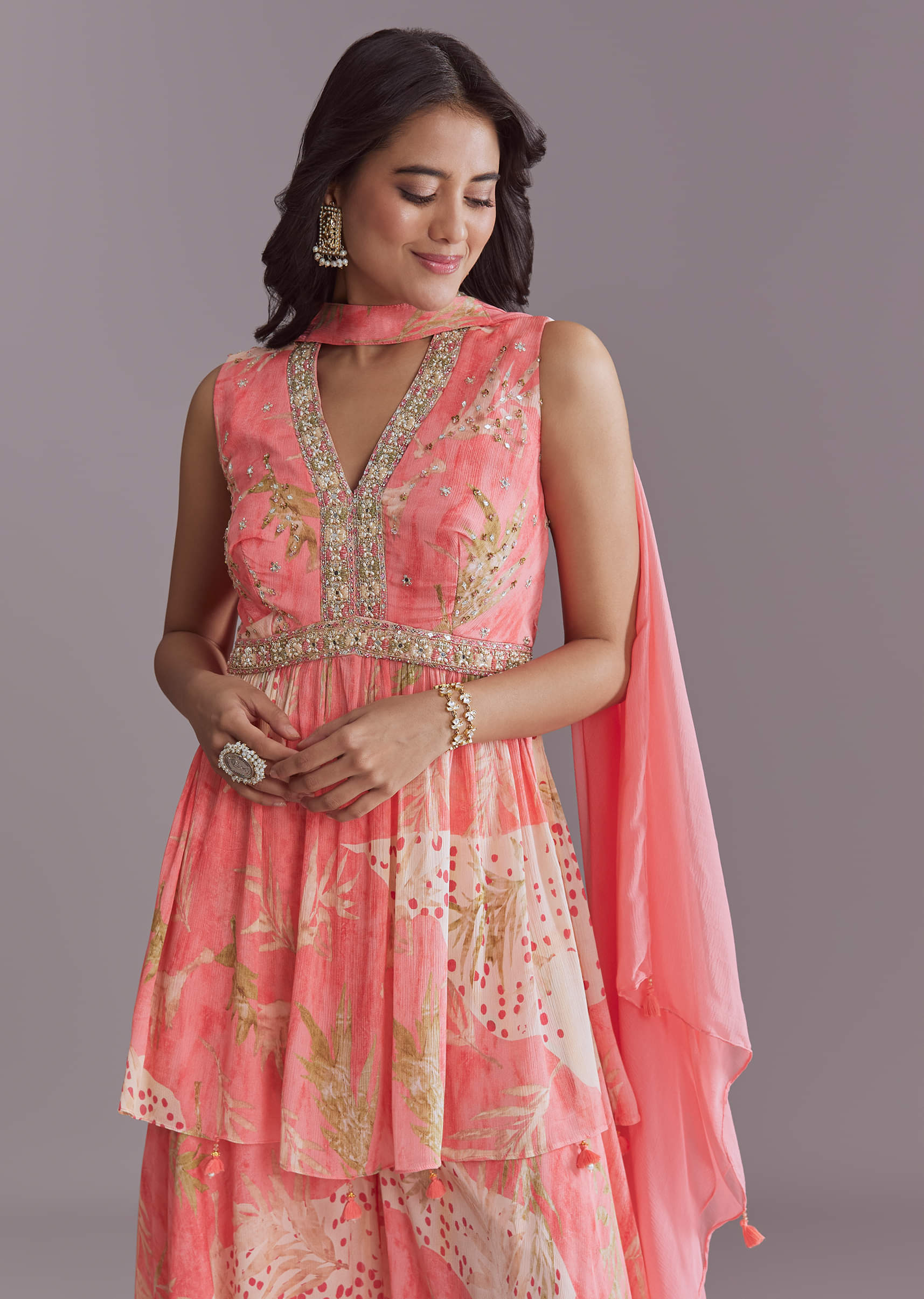Pink Chinon Palazzo Suit With Printed Motifs - Image 4