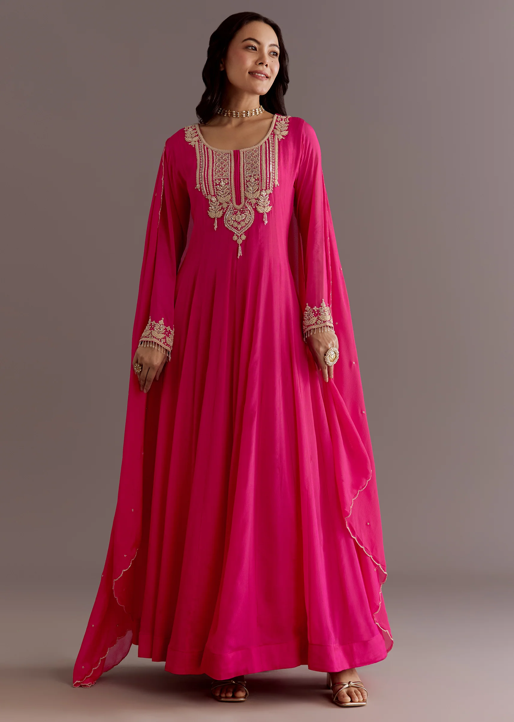 Pink Chinon Thread Sequin Embroidered Anarkali Dupatta Suit - Image 4