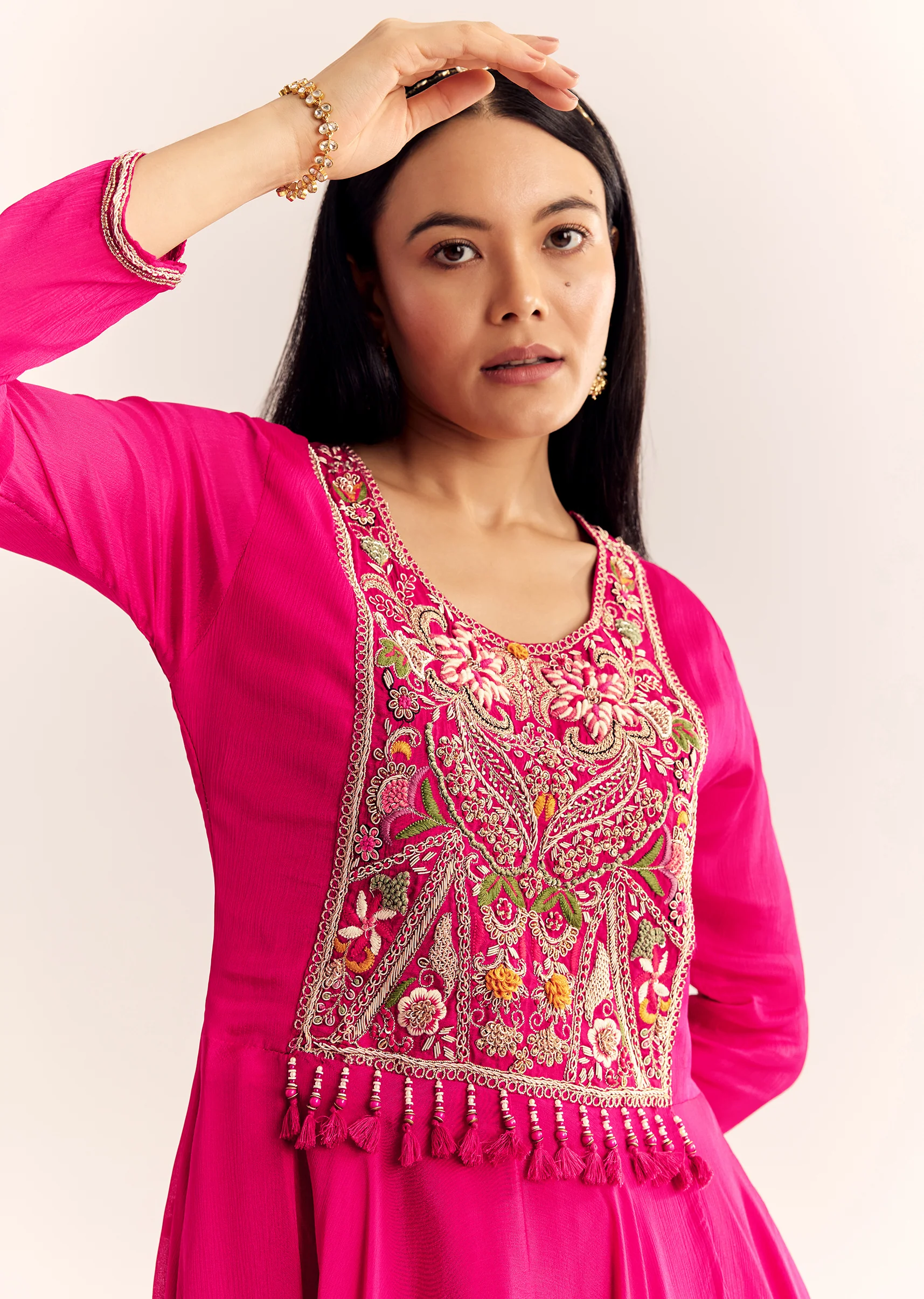 Pink Chinon Zardosi Work Kurta Palazzo Suit - Image 2
