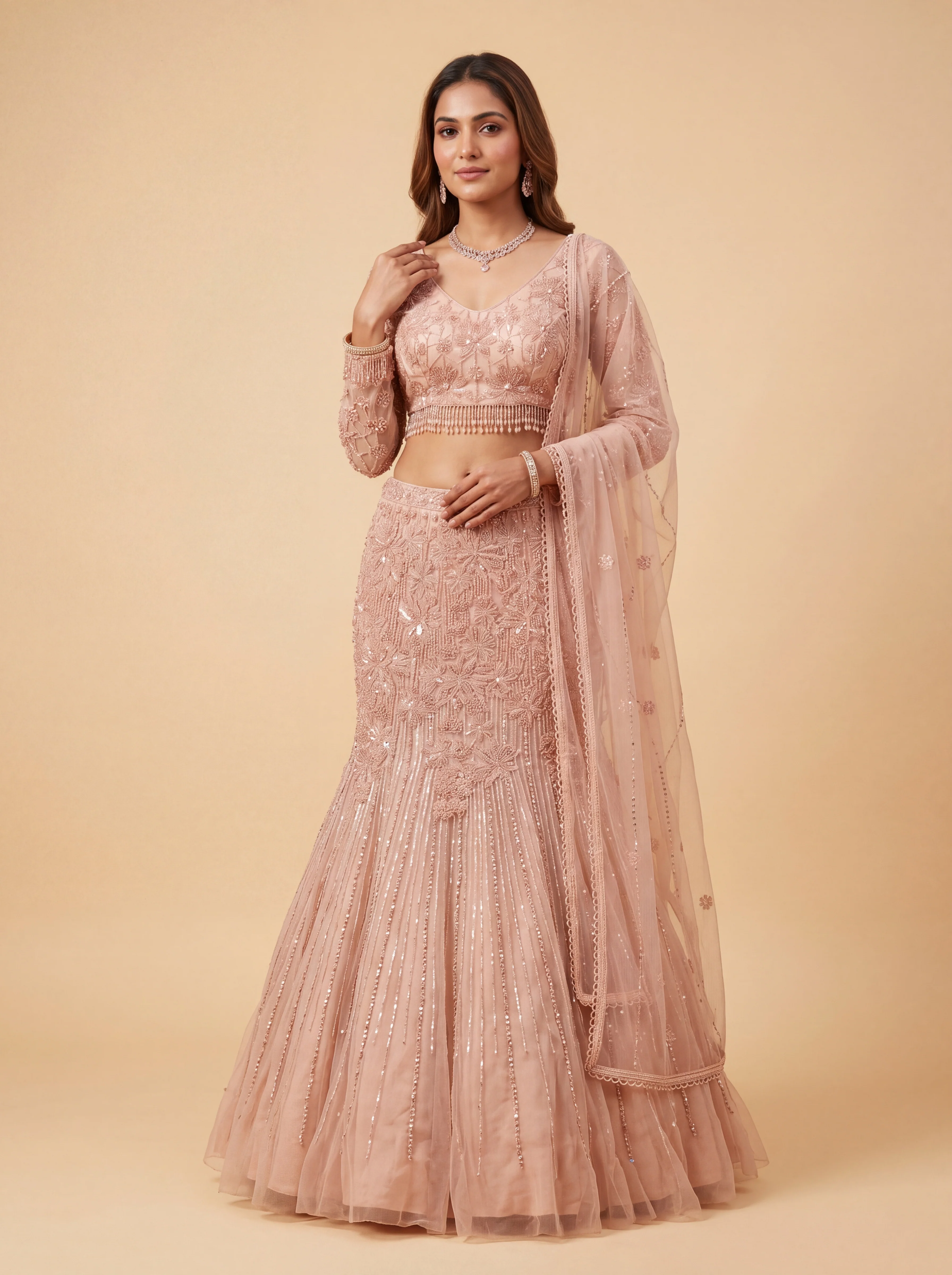 Pink Contemporary Bridal Lehenga With Sheer Embroidered Skirt