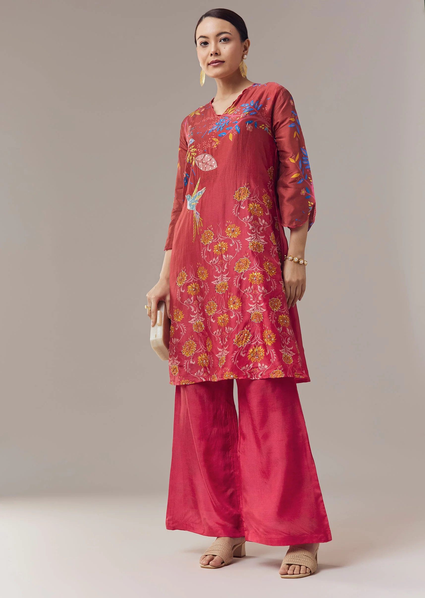 Pink Coord Set Kurti In Floral Print With Beads Zari And Sequins Work