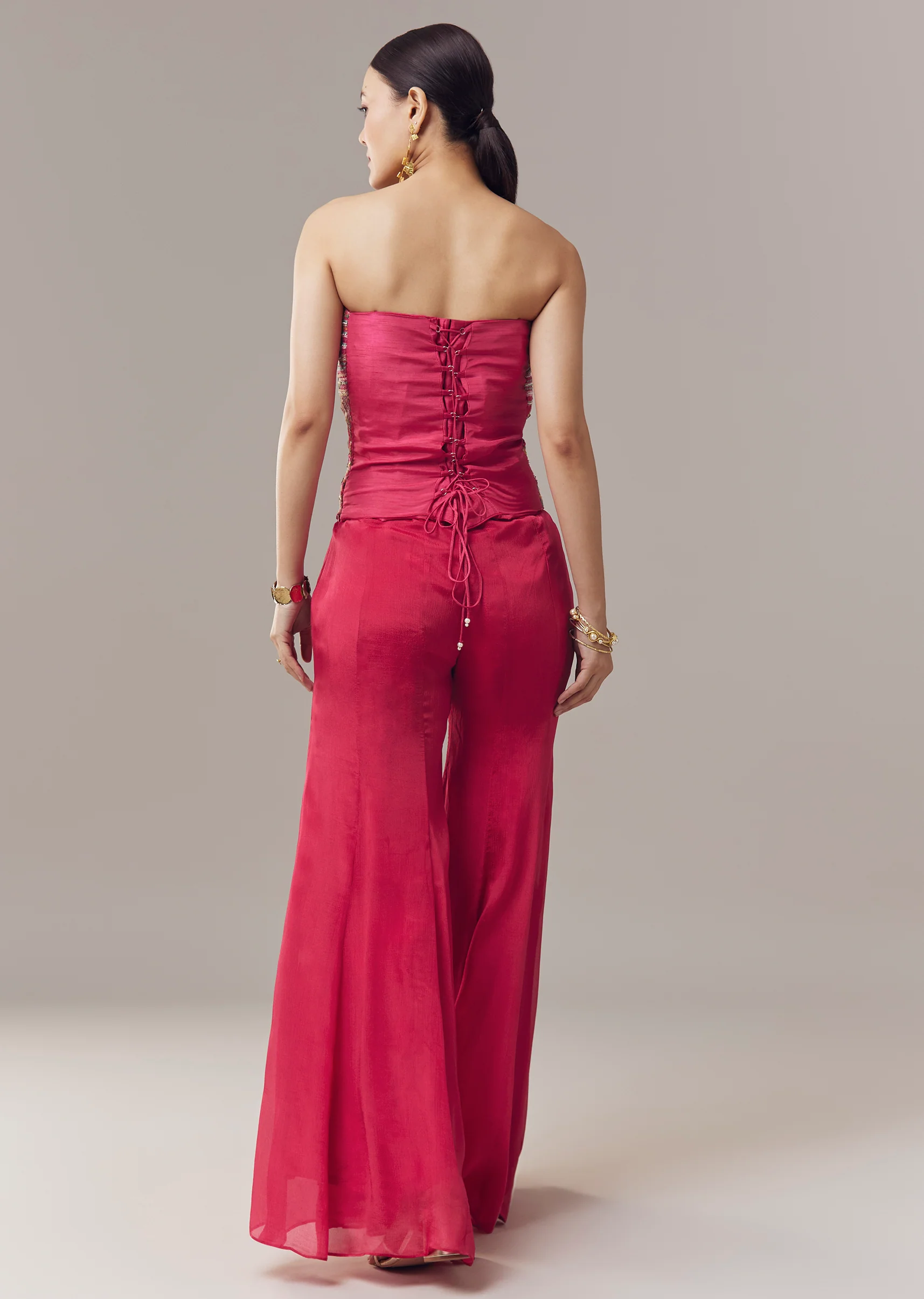 Pink Corset Crop Top And Pants Set With Thread And Sequins Work - Image 5