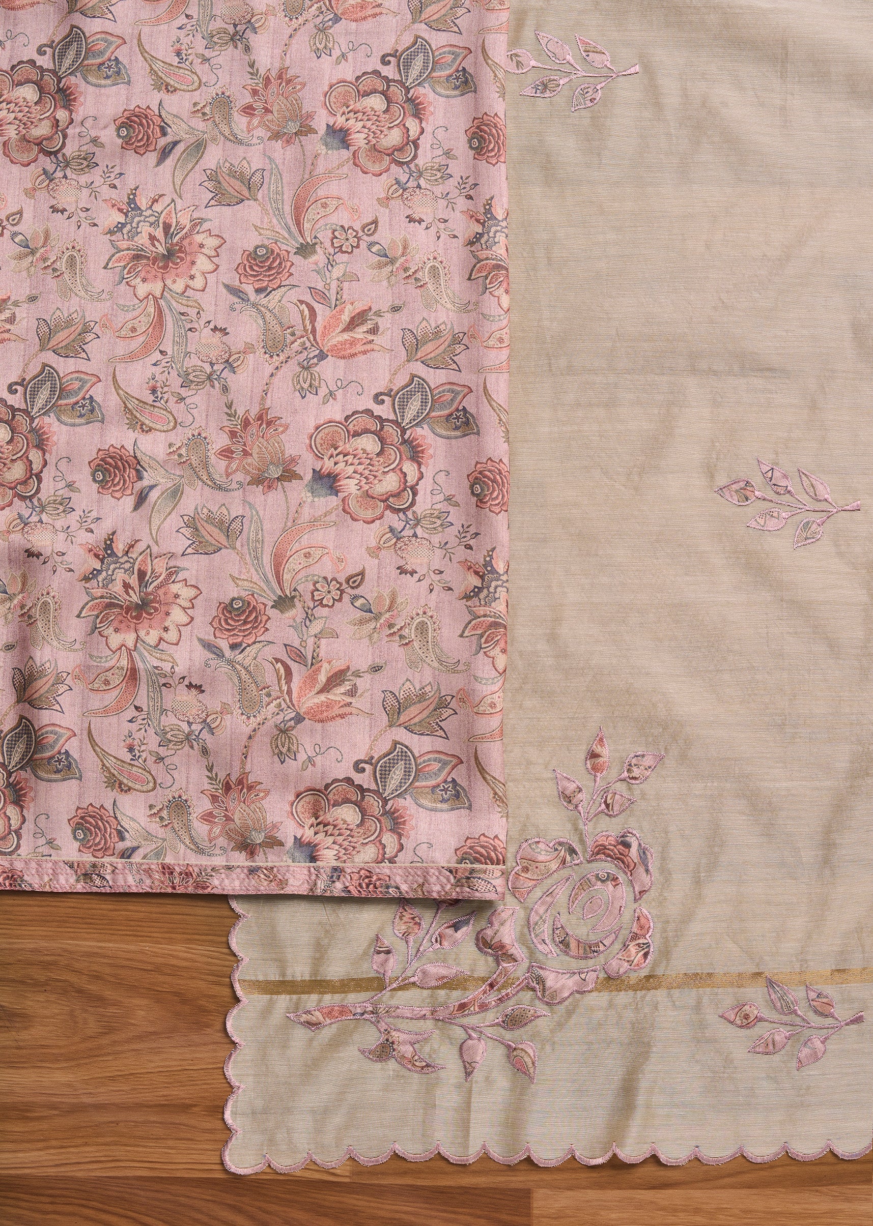 Pink Cotton Printed Unstitched Suit Set - Image 3