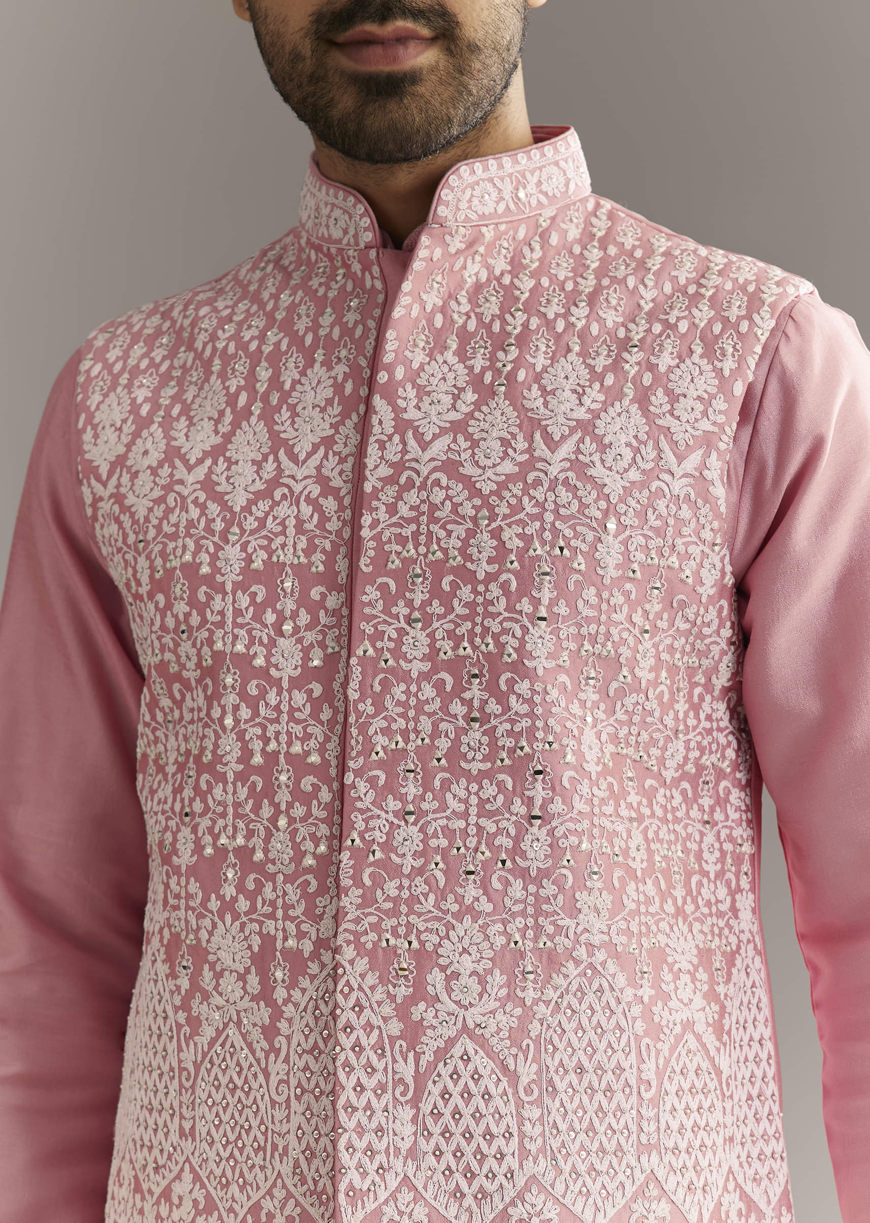 Pink Cotton Silk Jacket Kurta Set With Mirror And Dori Work - Image 2