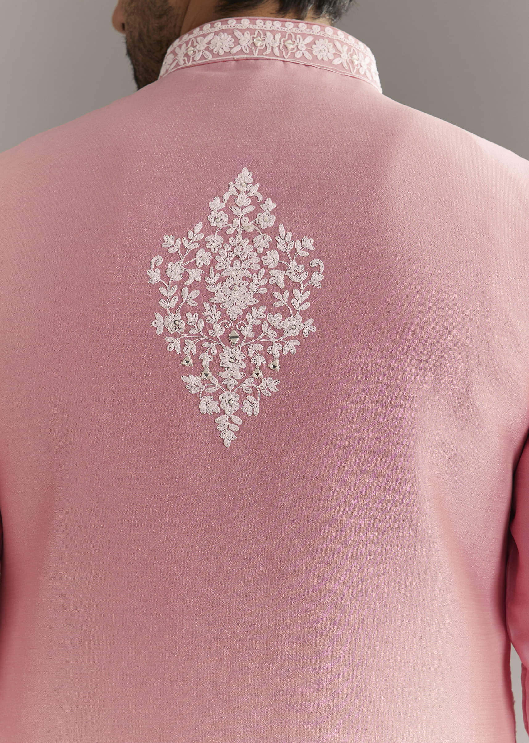 Pink Cotton Silk Jacket Kurta Set With Mirror And Dori Work - Image 4
