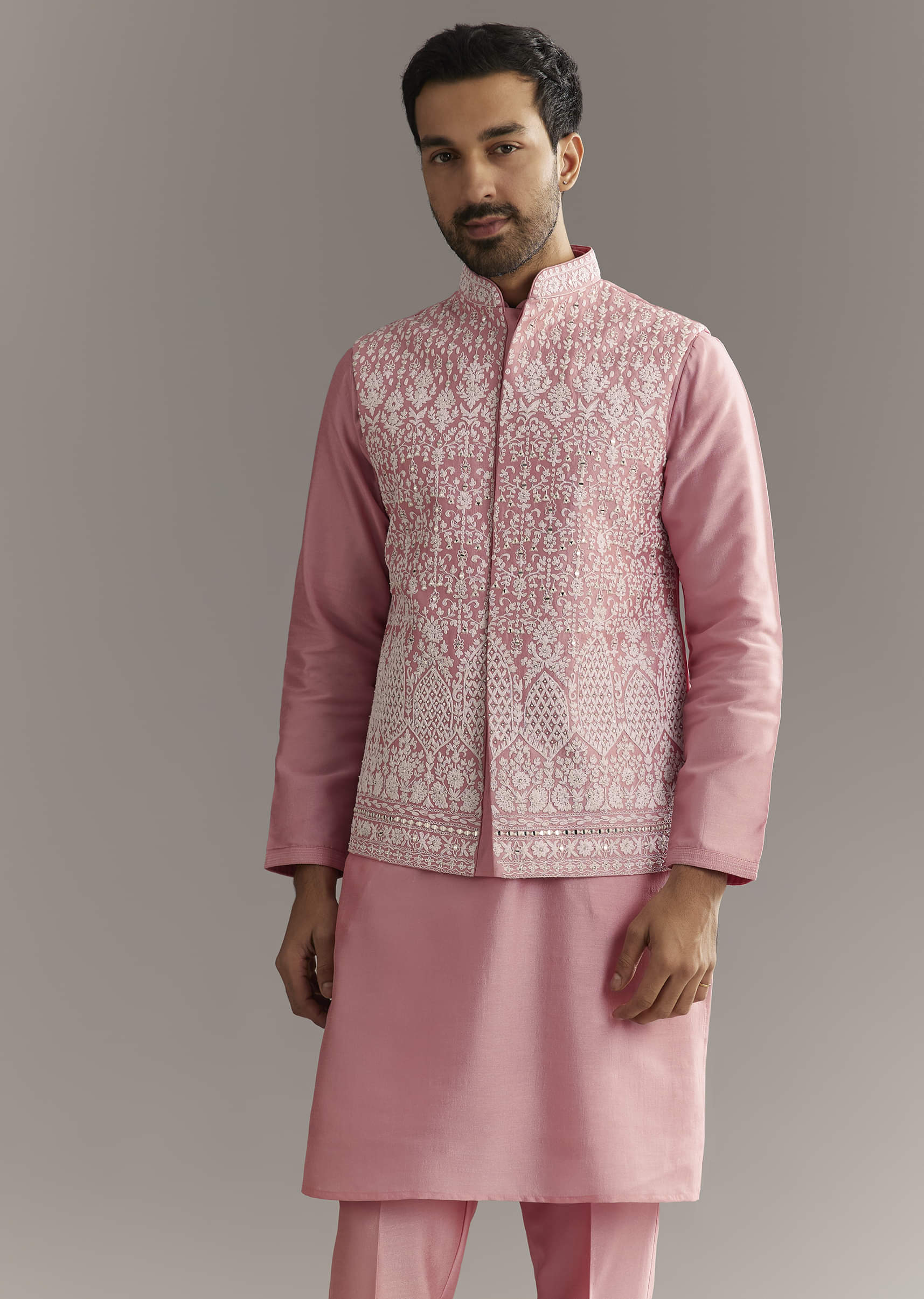 Pink Cotton Silk Jacket Kurta Set With Mirror And Dori Work - Image 5