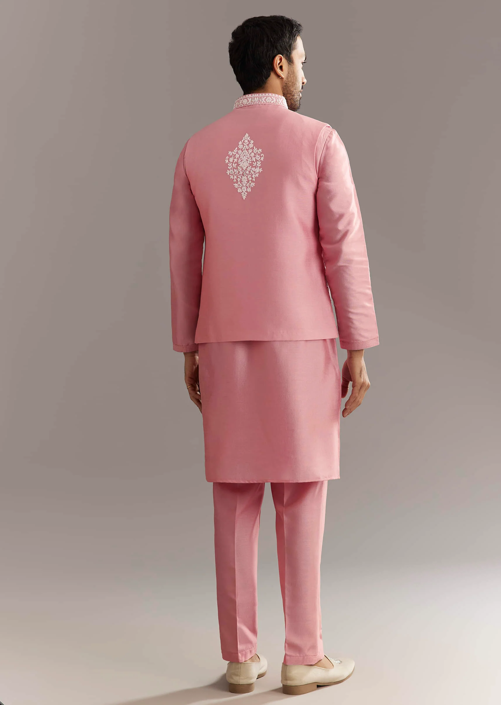 Pink Cotton Silk Jacket Kurta Set With Mirror And Dori Work - Image 6