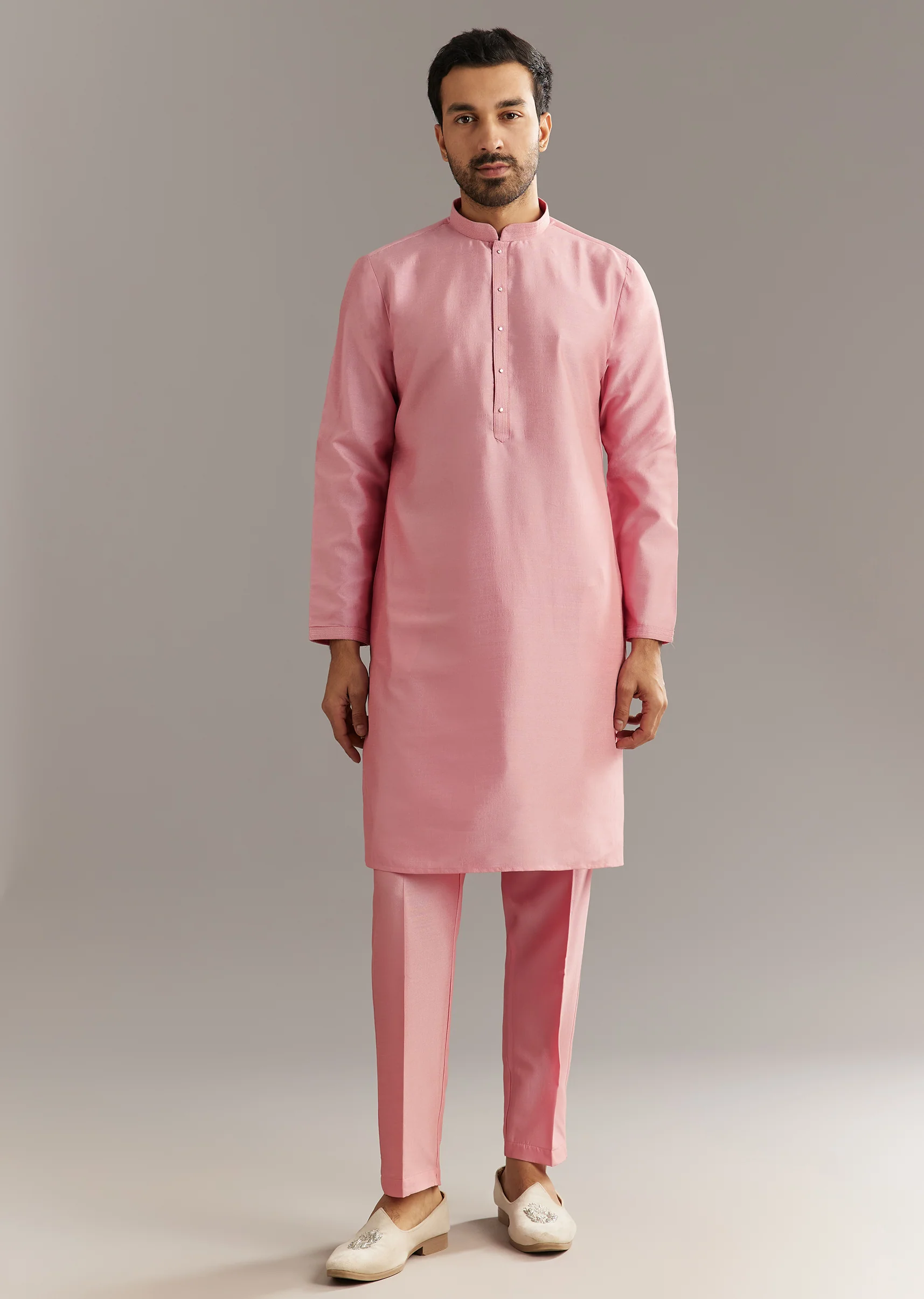 Pink Cotton Silk Jacket Kurta Set With Mirror And Dori Work - Image 7