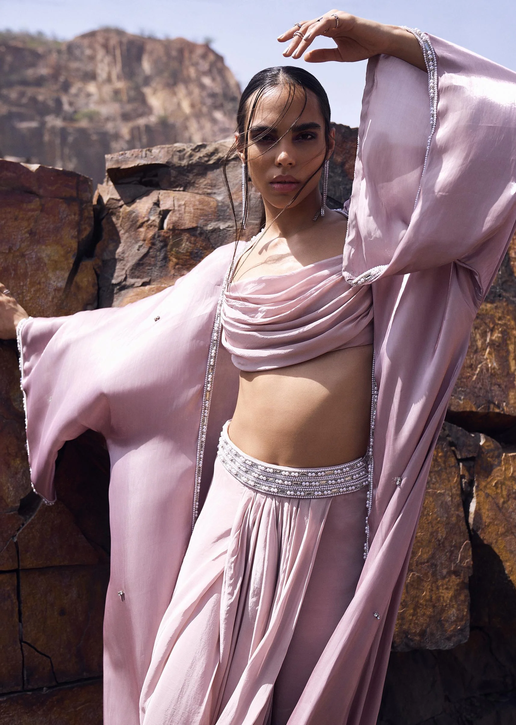 Pink Cowl Blouse With Draped Skirt And Jacket - Image 3