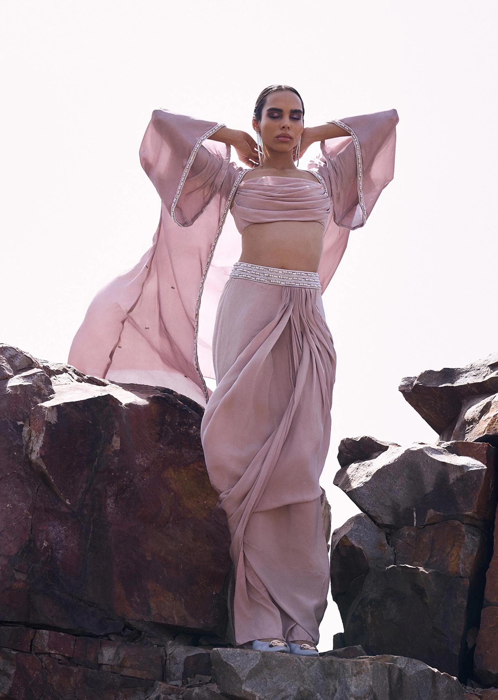 Pink Cowl Blouse With Draped Skirt And Jacket - Image 5