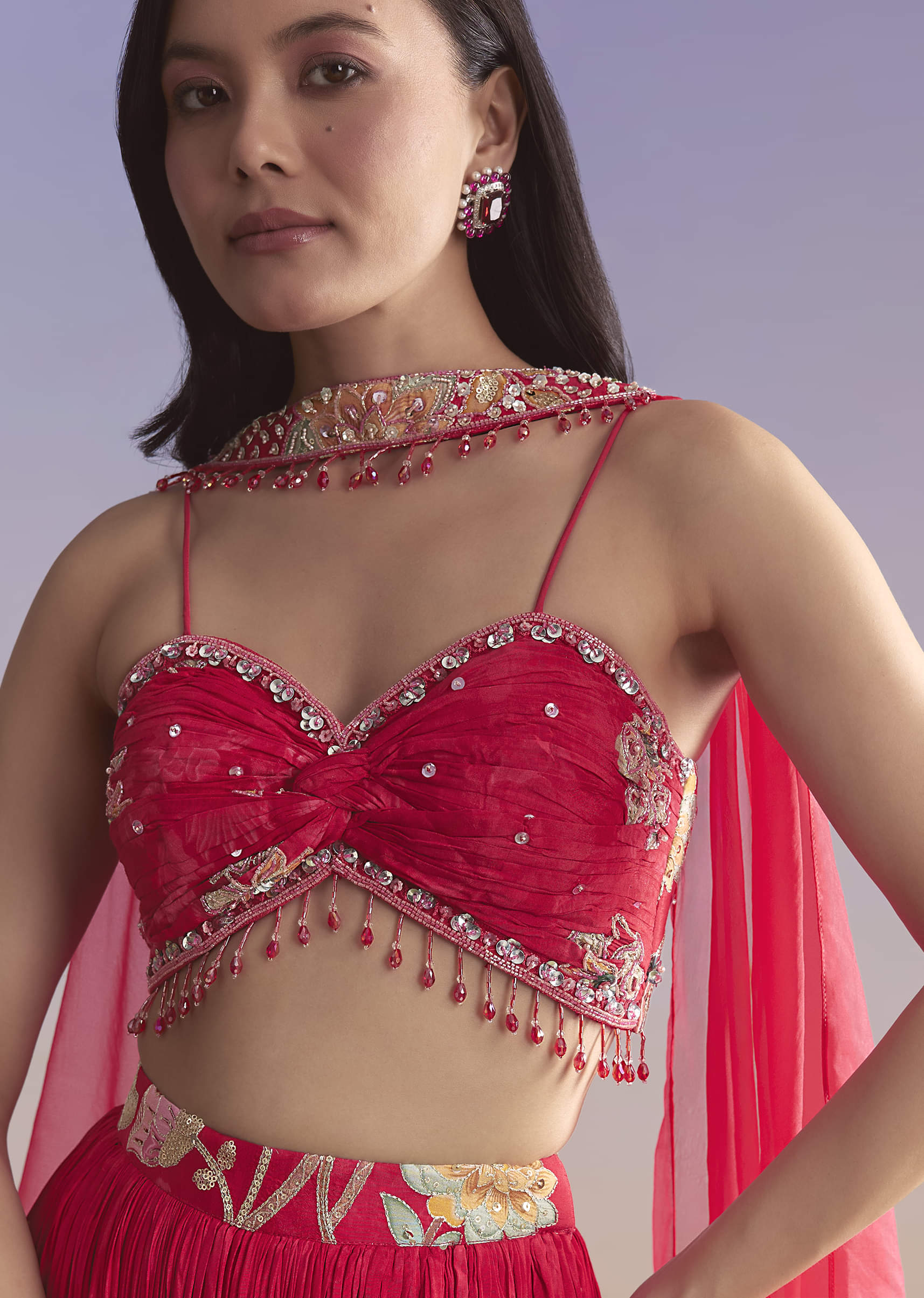 Pink Crepe Bridesmaid Lehenga With Floral Print - Image 3