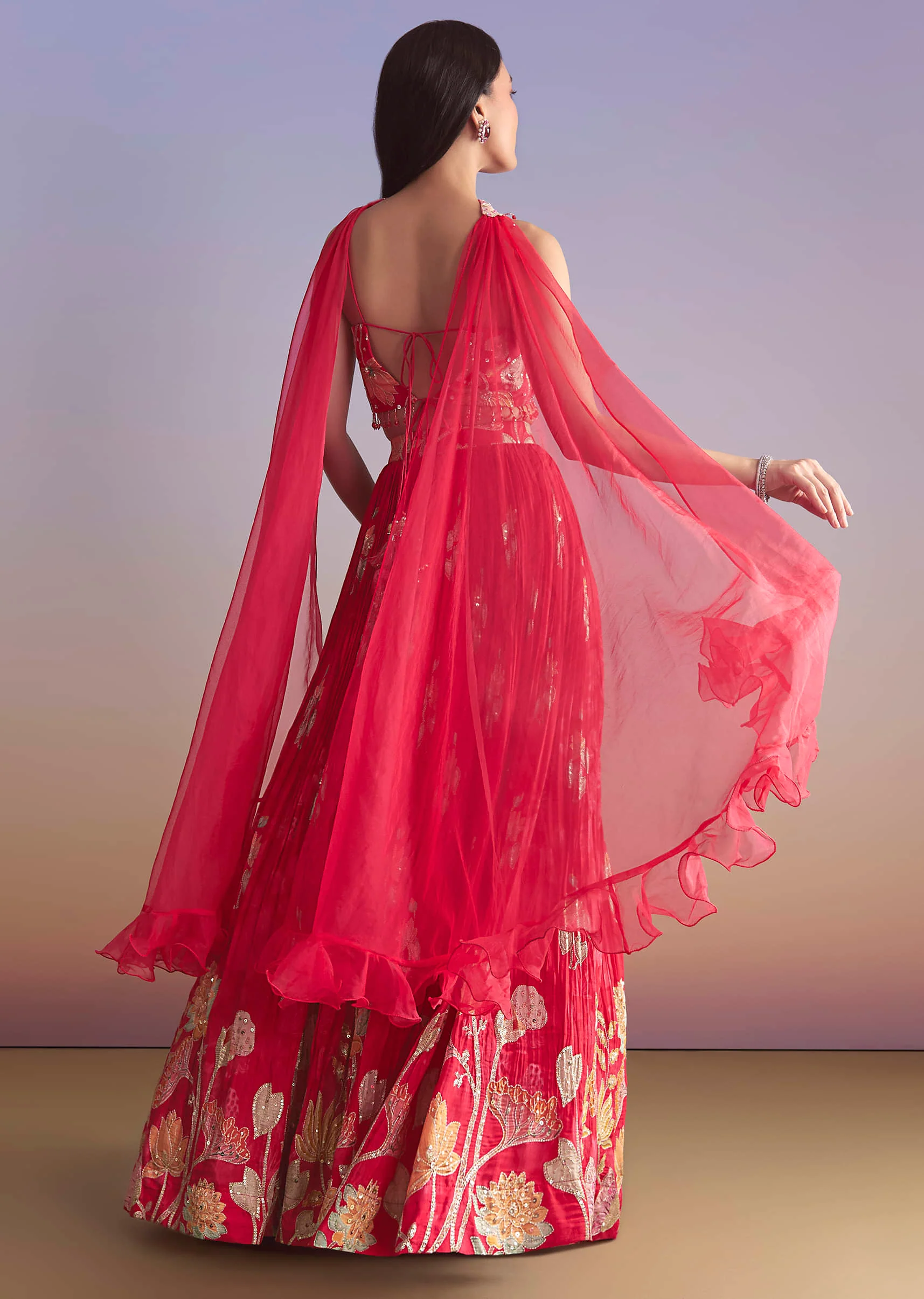 Pink Crepe Bridesmaid Lehenga With Floral Print - Image 5
