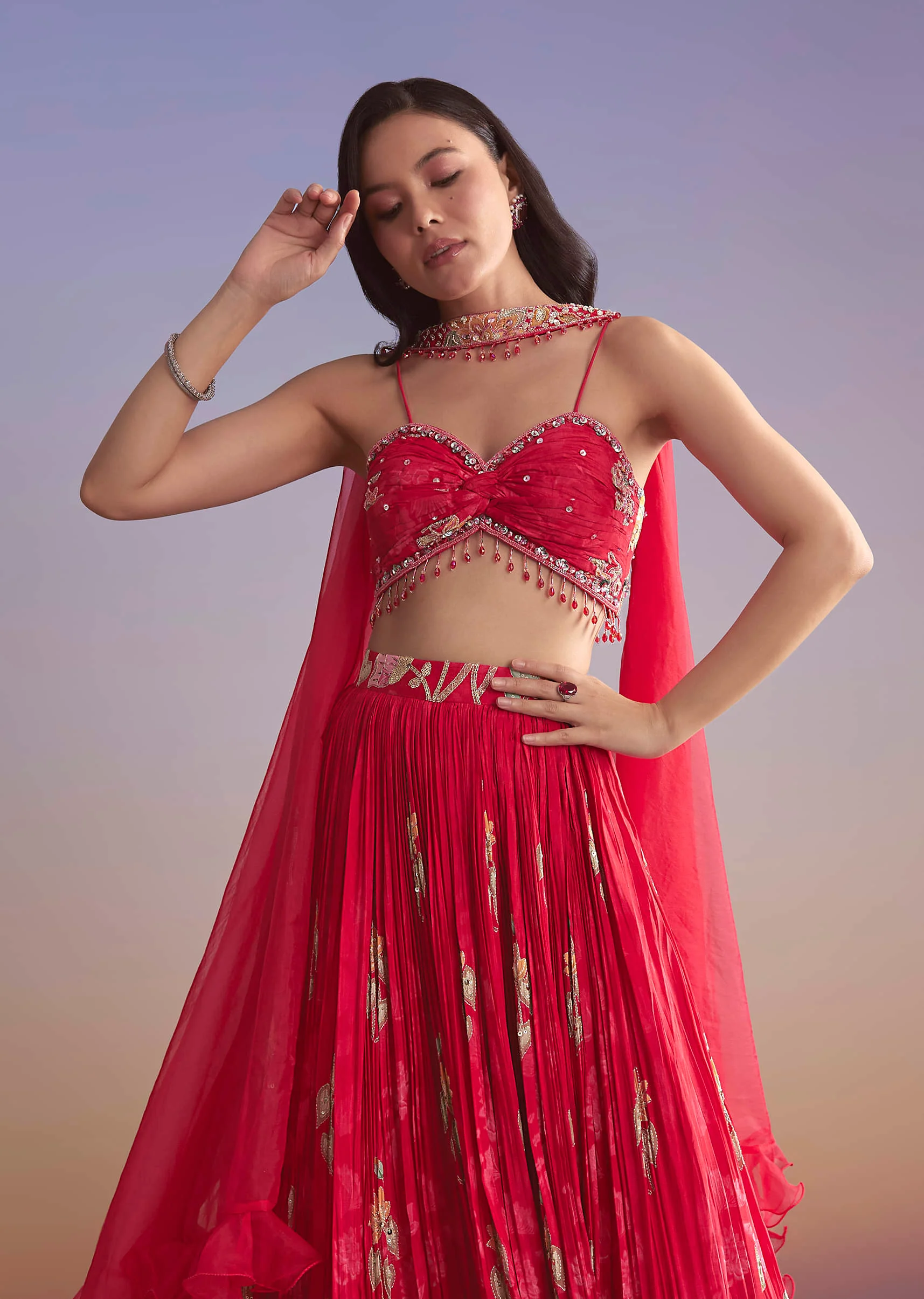 Pink Crepe Bridesmaid Lehenga With Floral Print - Image 7