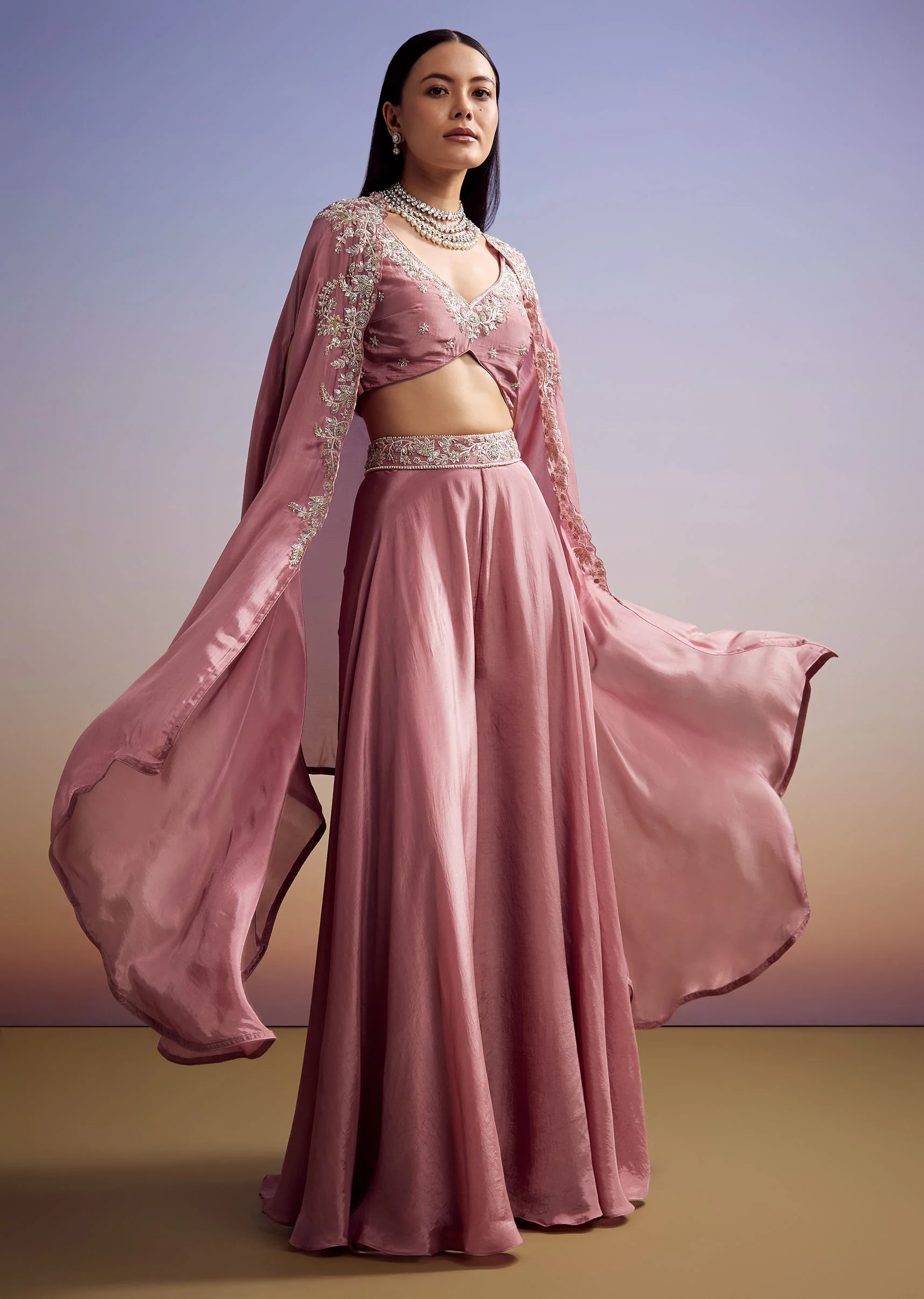 Pink Crepe Crop Top And Cape Set With Embroidery
