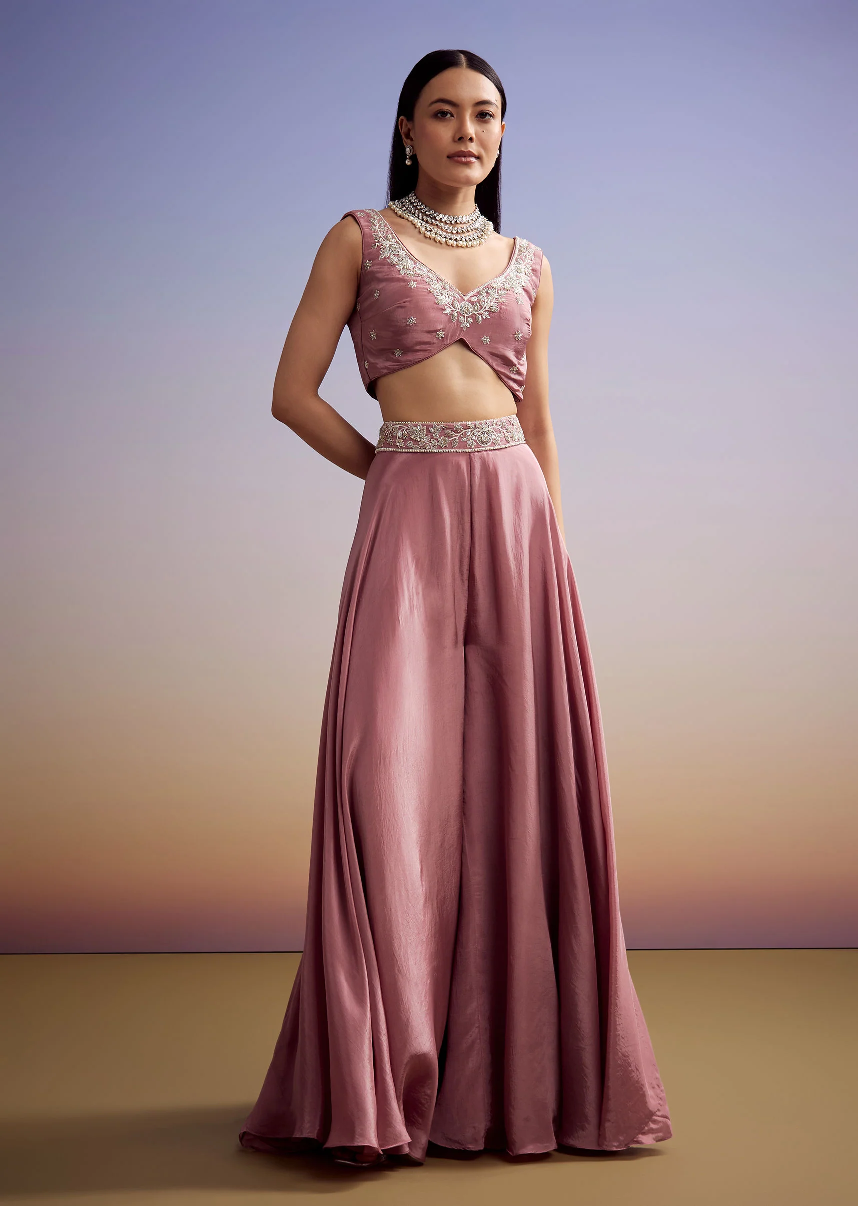 Pink Crepe Crop Top And Cape Set With Embroidery - Image 6