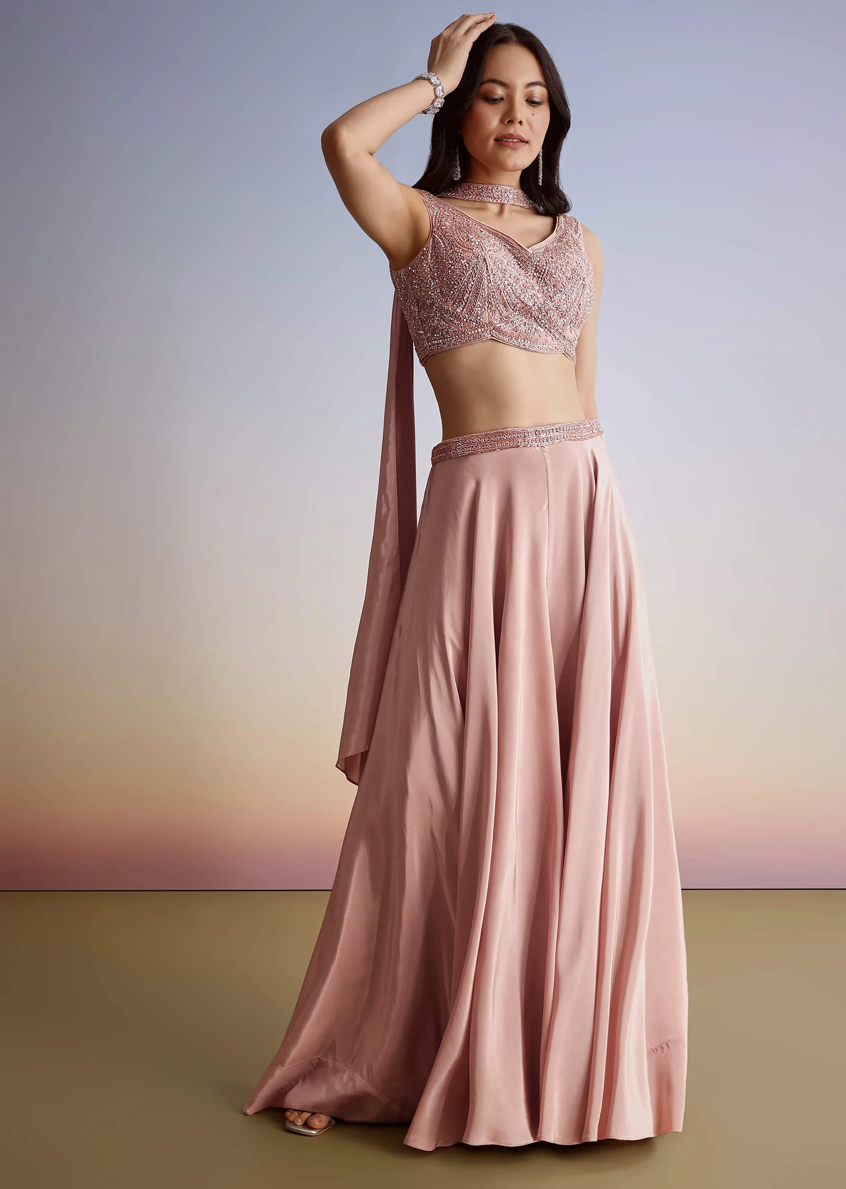 Pink Crepe Cutdana Sequin Embroidered Croptop Palazzo Suit With Dupatta