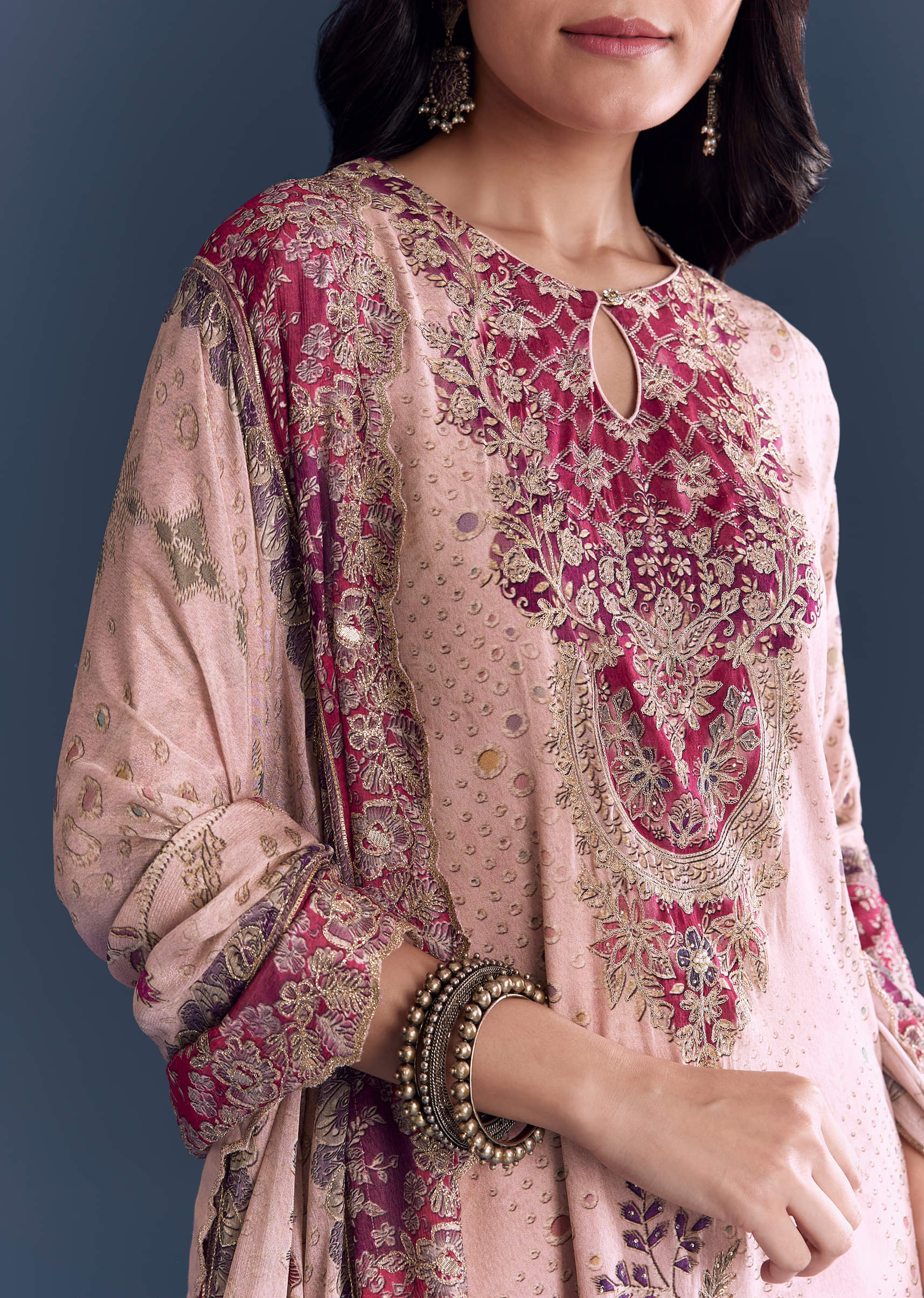 Pink Crepe Kurta Set With Indie Print And Zari Work - Image 2