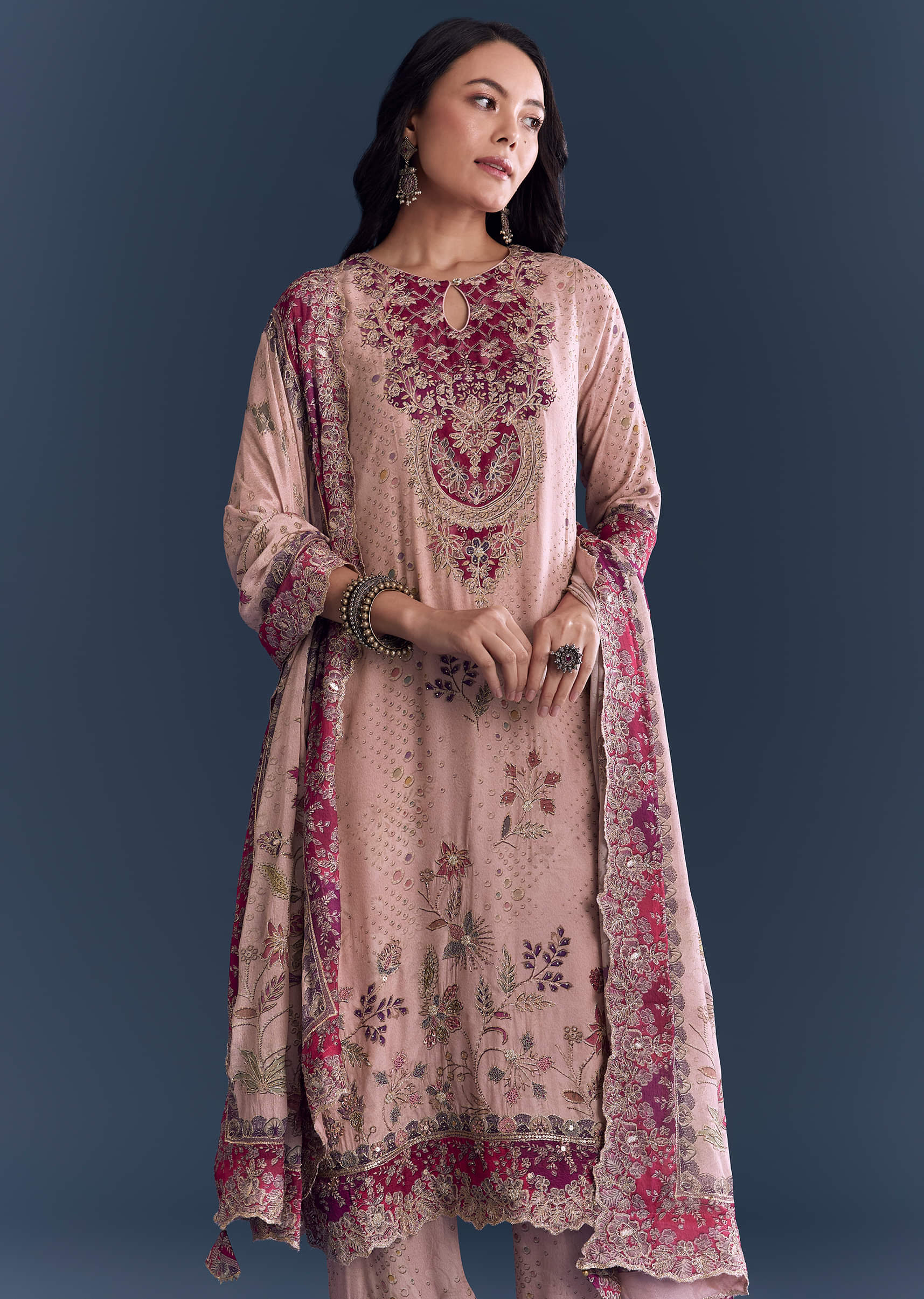 Pink Crepe Kurta Set With Indie Print And Zari Work - Image 4