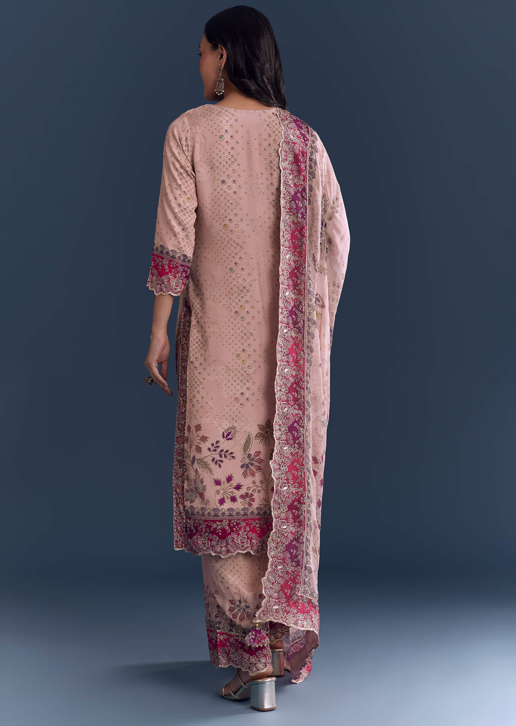 Pink Crepe Kurta Set With Indie Print And Zari Work - Image 5