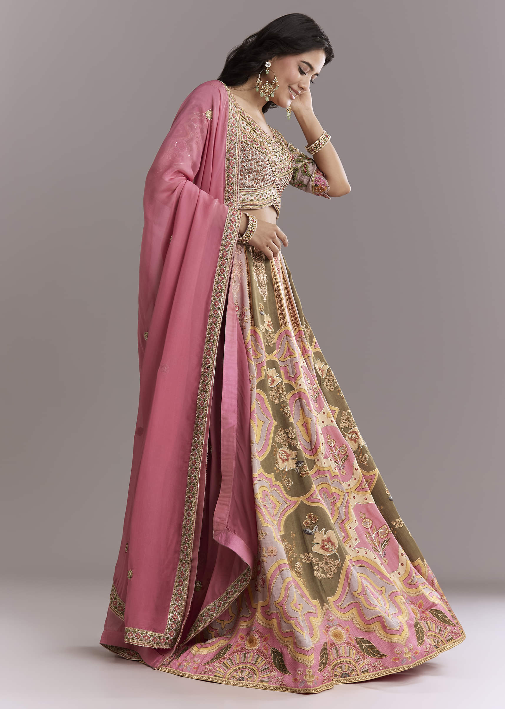 Pink Crepe Printed Bridesmaid Lehenga With Gotta Work - Image 4