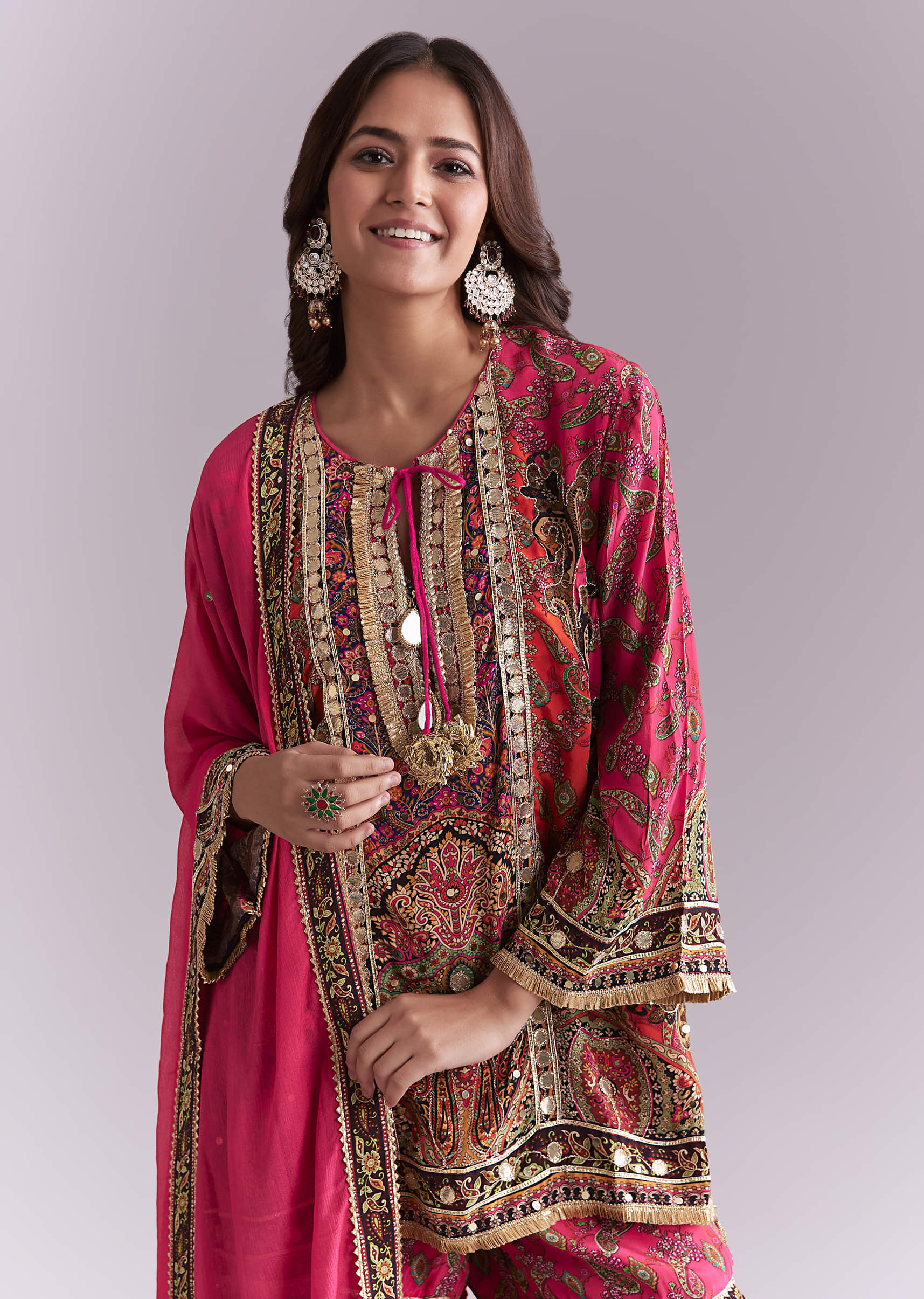 Pink Crepe Printed Sharara Suit With Gota Detail And Potli - Image 3