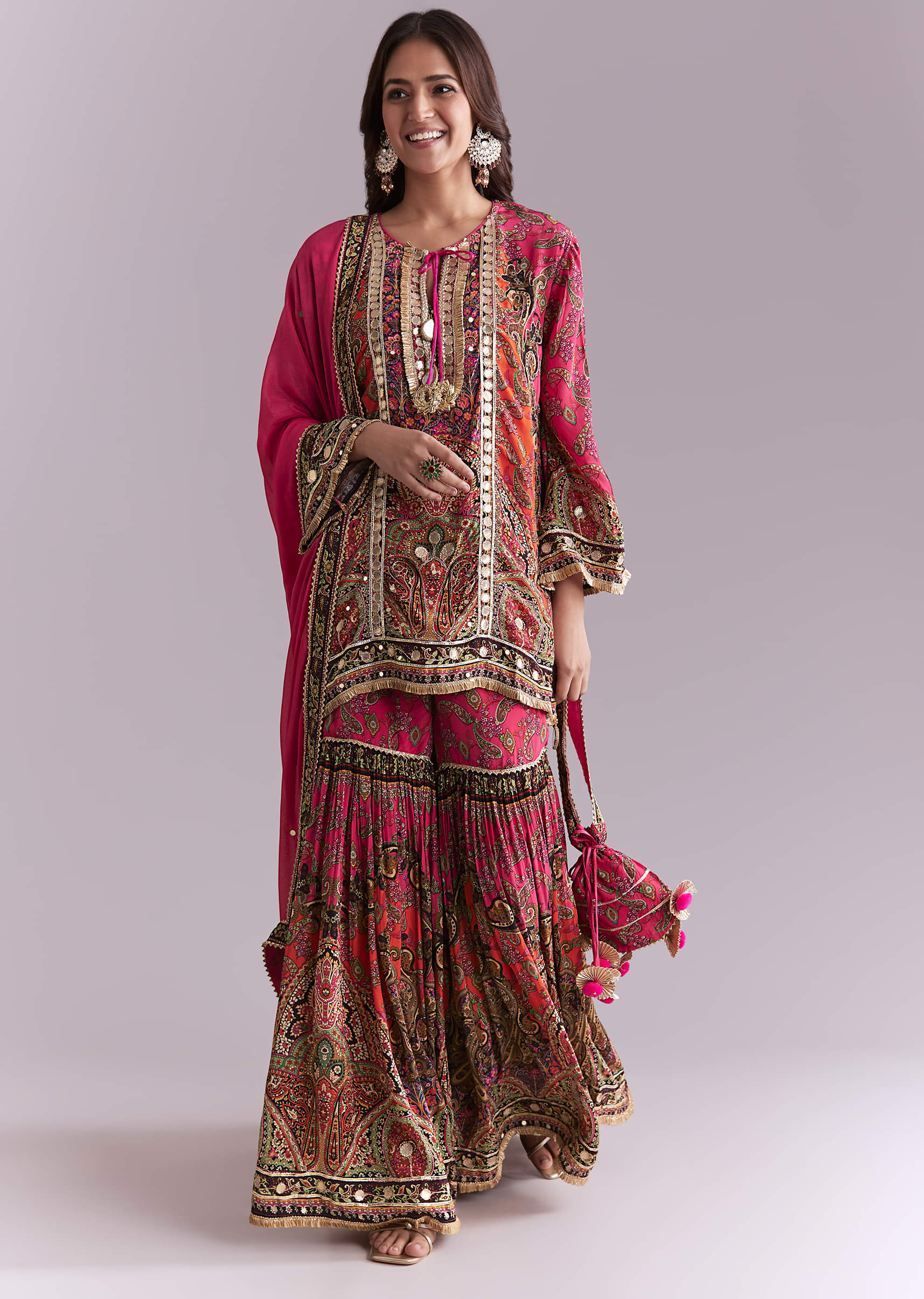 Pink Crepe Printed Sharara Suit With Gota Detail And Potli - Image 4