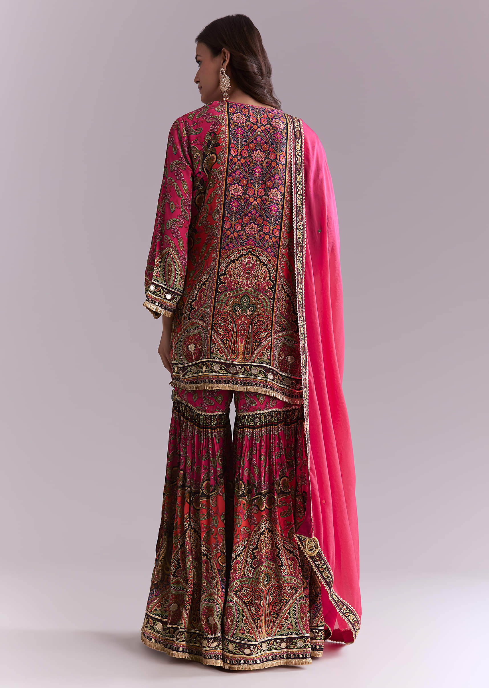 Pink Crepe Printed Sharara Suit With Gota Detail And Potli - Image 5