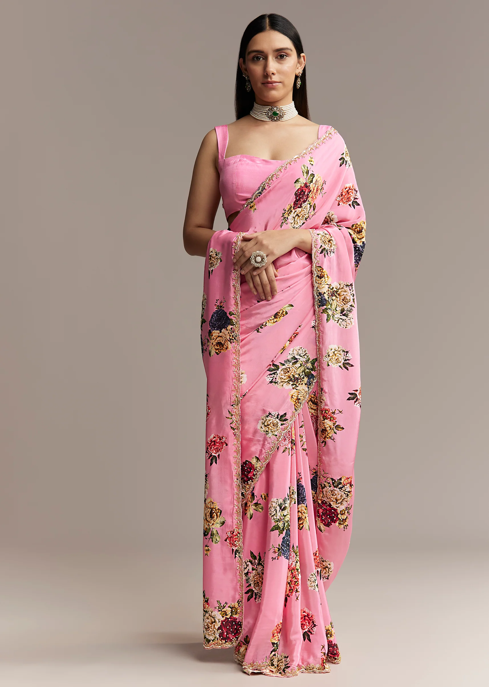 Pink Crepe Saree With Floral Digital Print And Sequin Border - Image 3