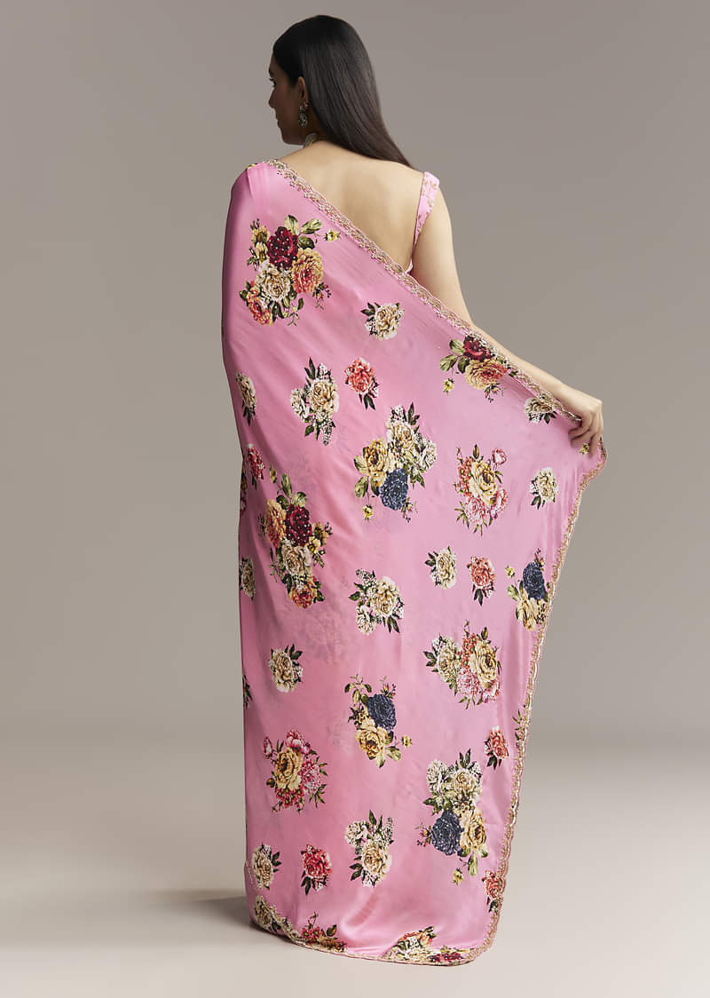 Pink Crepe Saree With Floral Digital Print And Sequin Border - Image 4