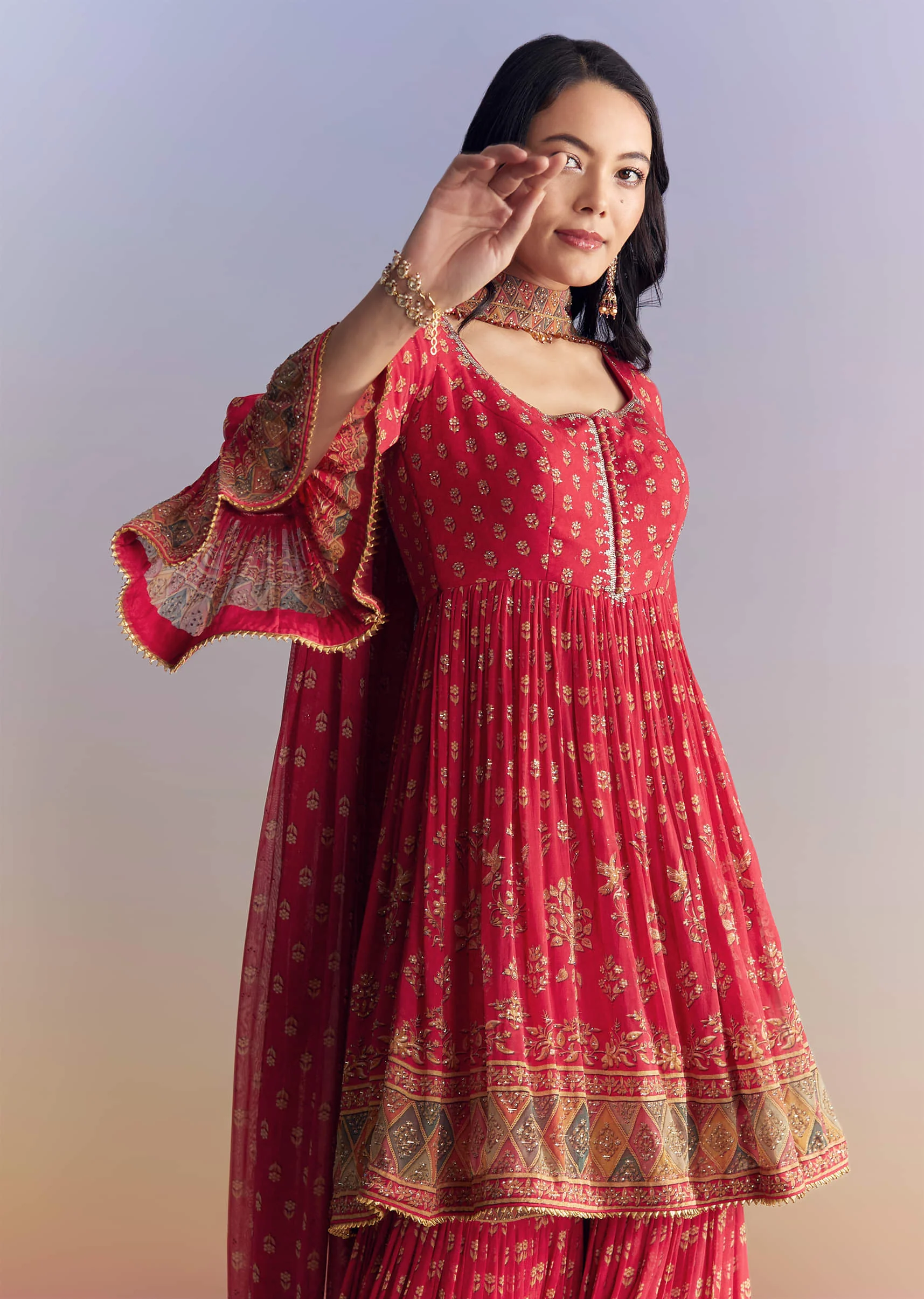Pink Crepe Sharara Suit With Floral Print And Stone Work - Image 4