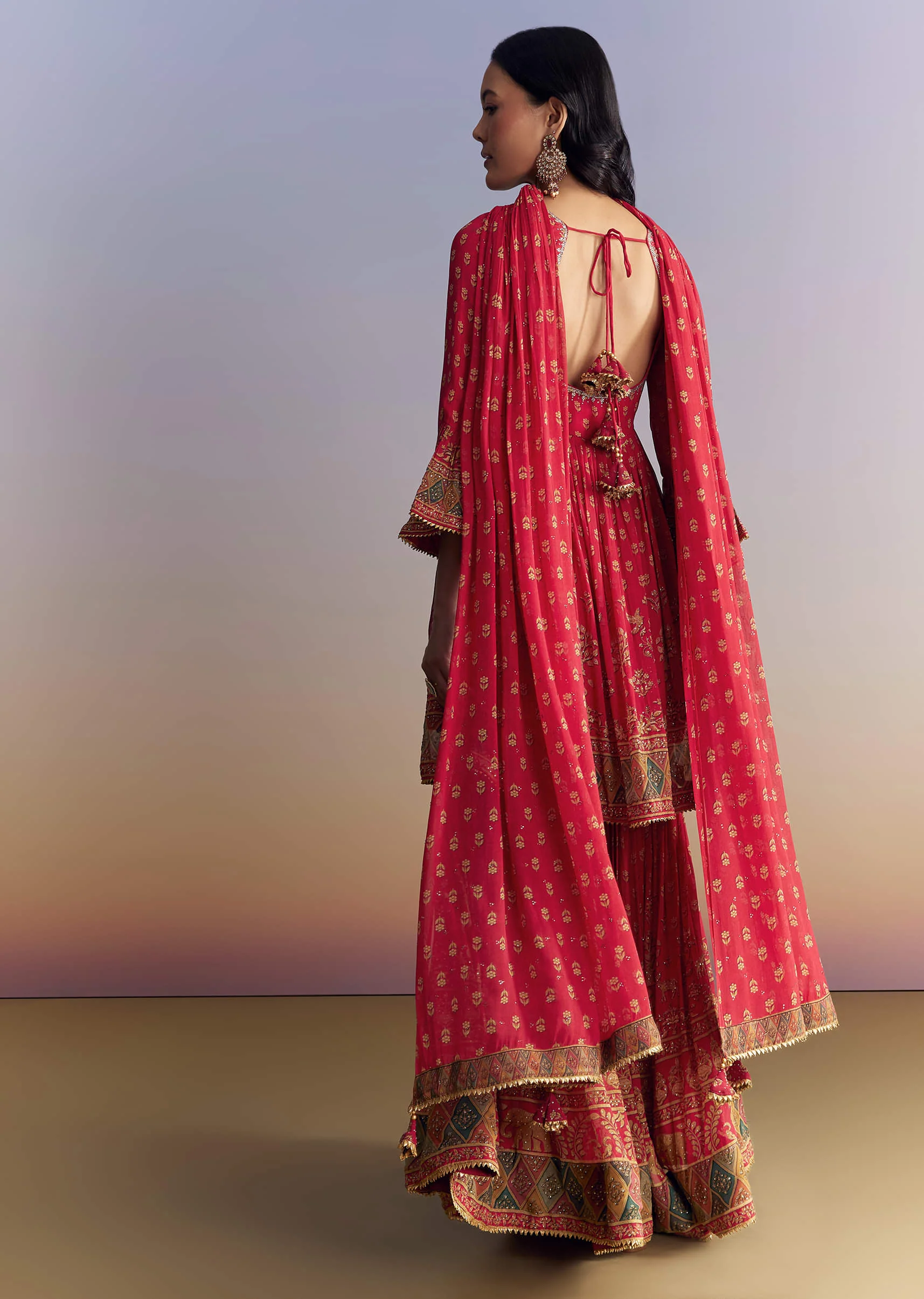 Pink Crepe Sharara Suit With Floral Print And Stone Work - Image 5
